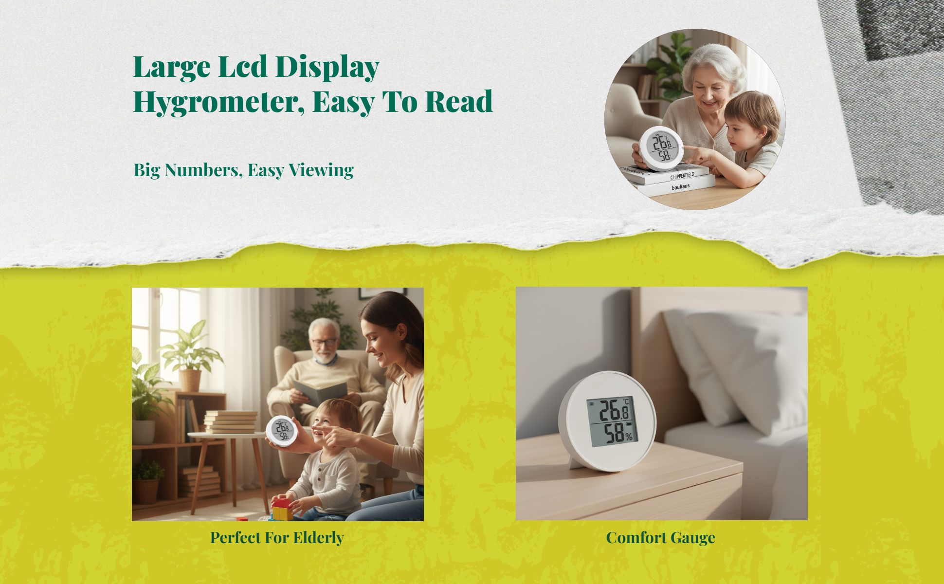 Digital Hygrometer, Indoor Thermometer, High-Accuracy Temperature and Humidity Gauge, Wall-Mounted, Infant Nursery