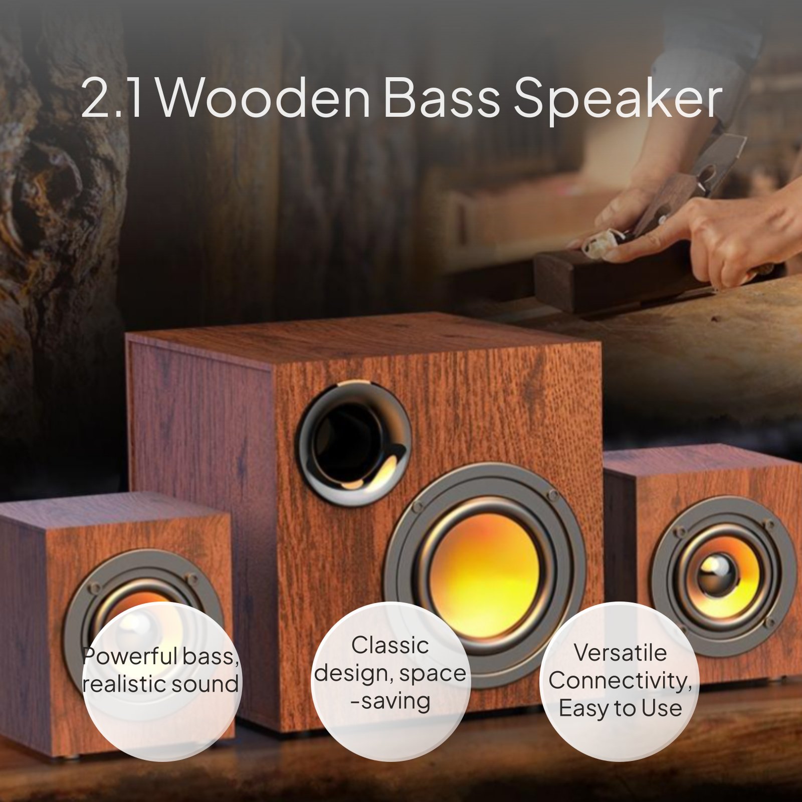 Bluetooth Computer Speaker with Subwoofer, Wooden Stereo - Picture 2 of 10
