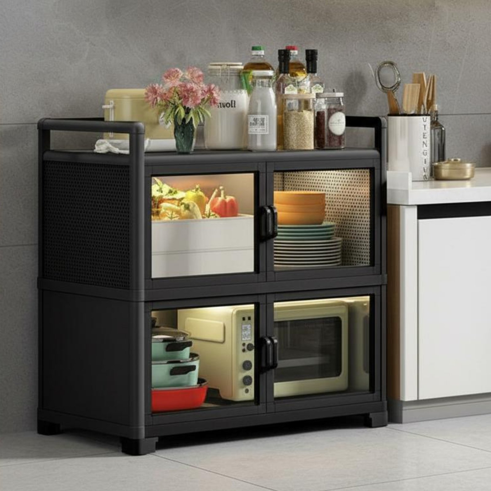 Kitchen Storage Cabinet Multi-tier Metal Storage Cabinet with Doors Wheeled