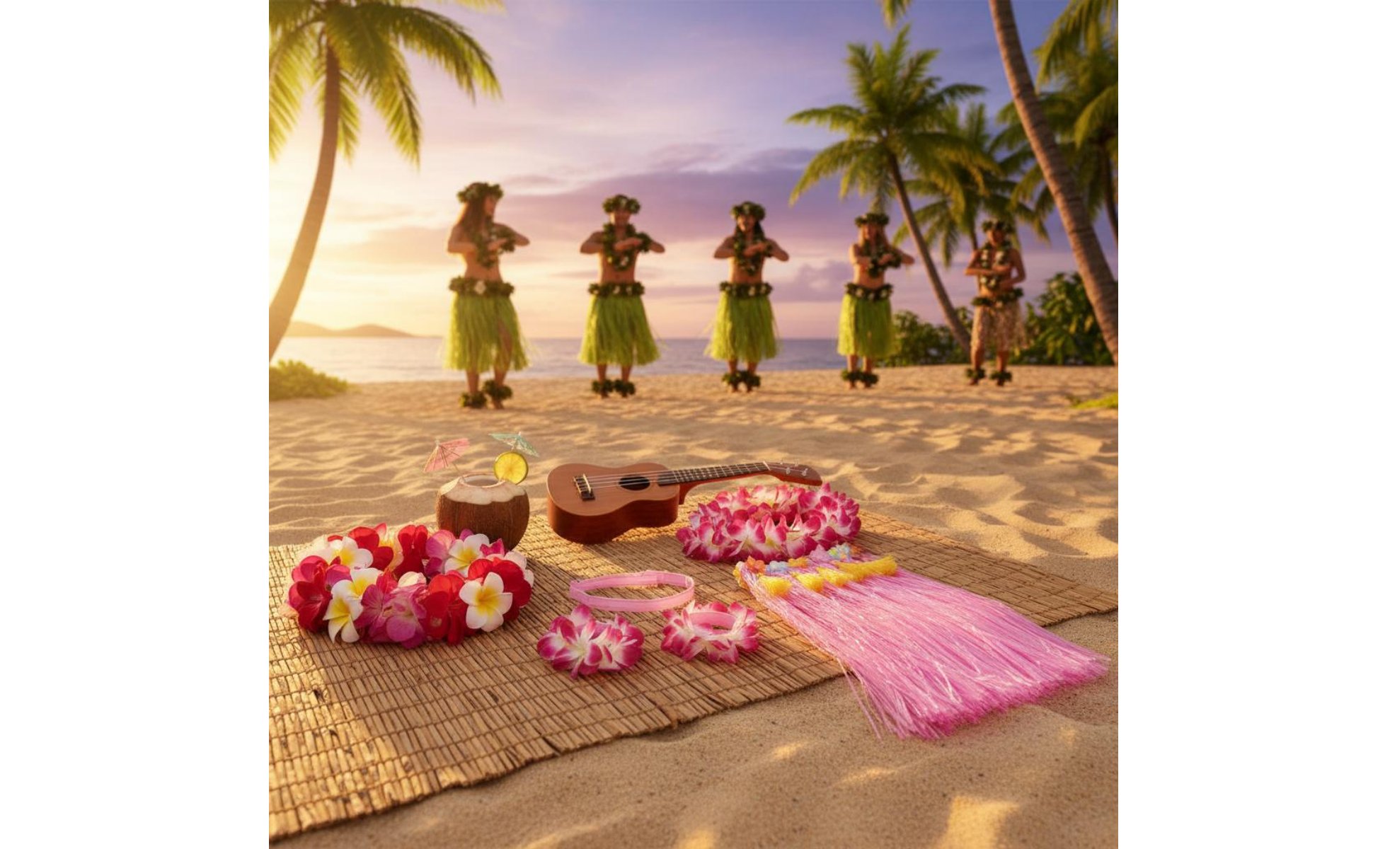 8 Pieces Hula Grass Skirt Set Easy to Wear Grass Skirt and Lei Set Elastic Fit