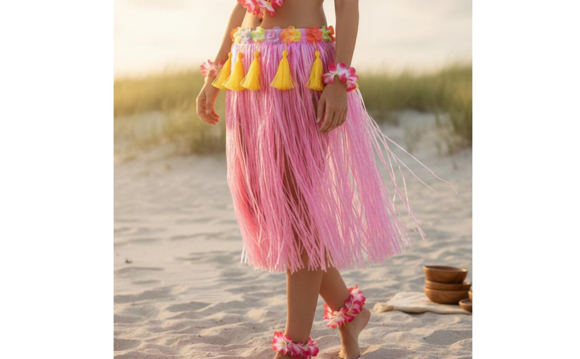 8 Pieces Hula Grass Skirt Set Easy to Wear Grass Skirt and Lei Set Elastic Fit