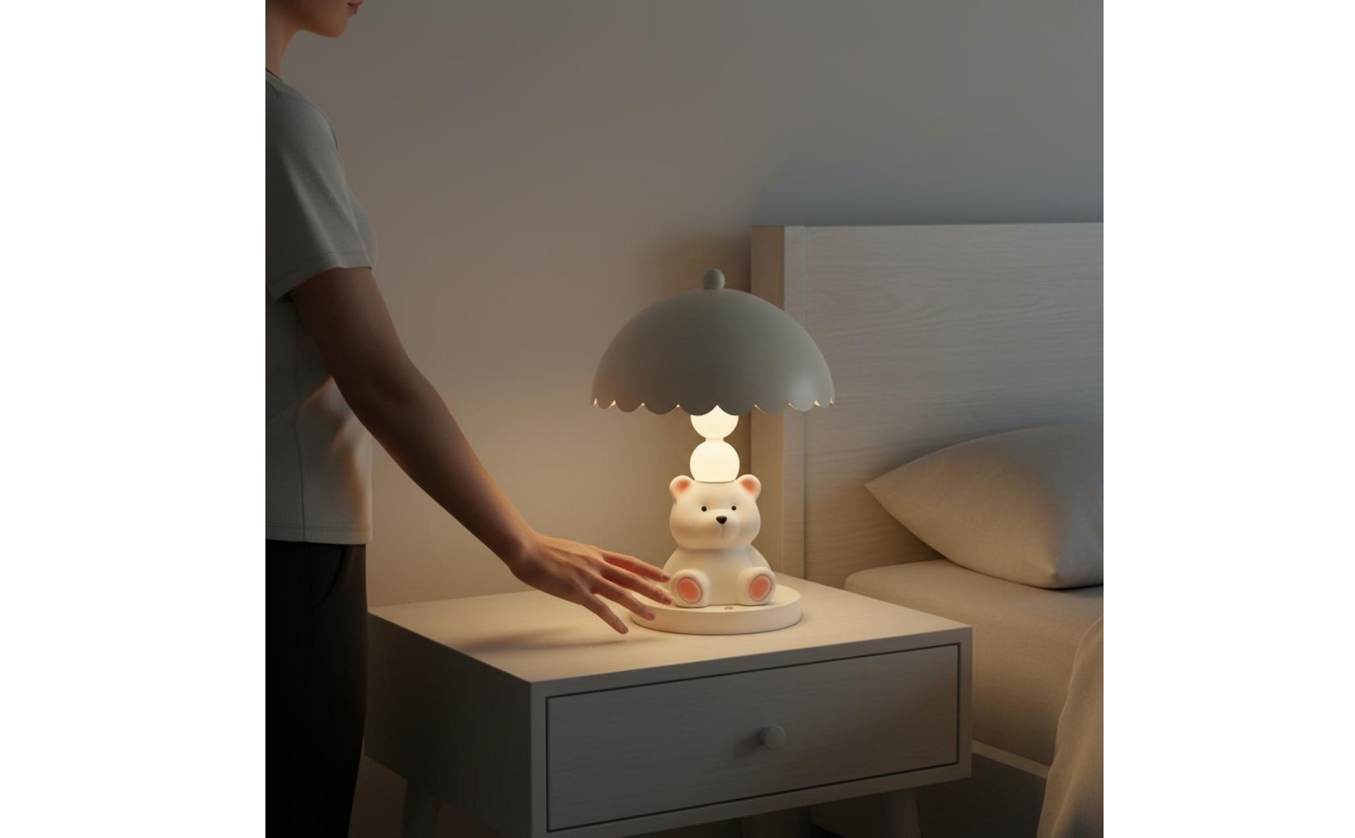 White Bear Table Lamp Press Control Bear Night Light Rechargeable for Bedroom