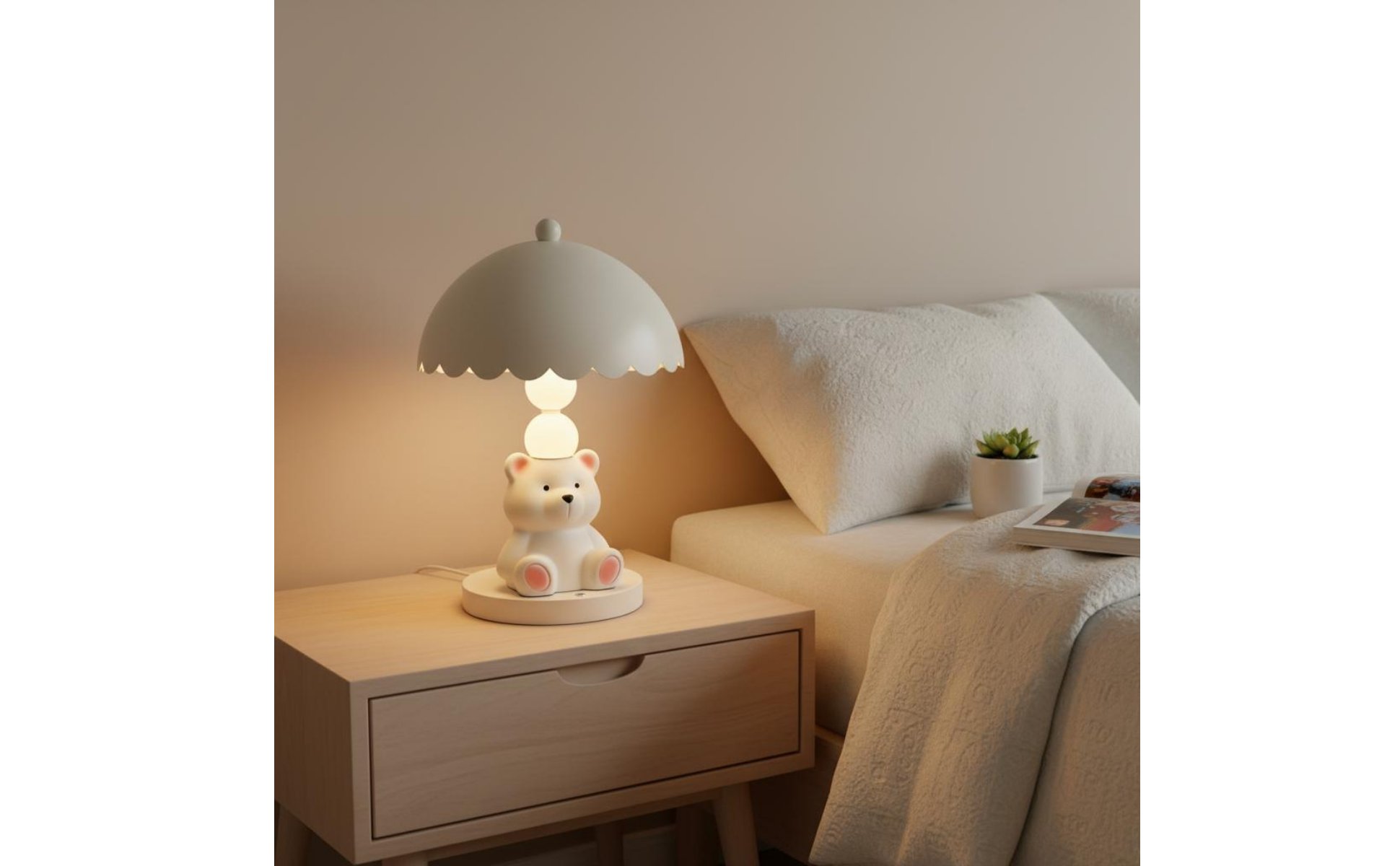 White Bear Table Lamp Press Control Bear Night Light Rechargeable for Bedroom