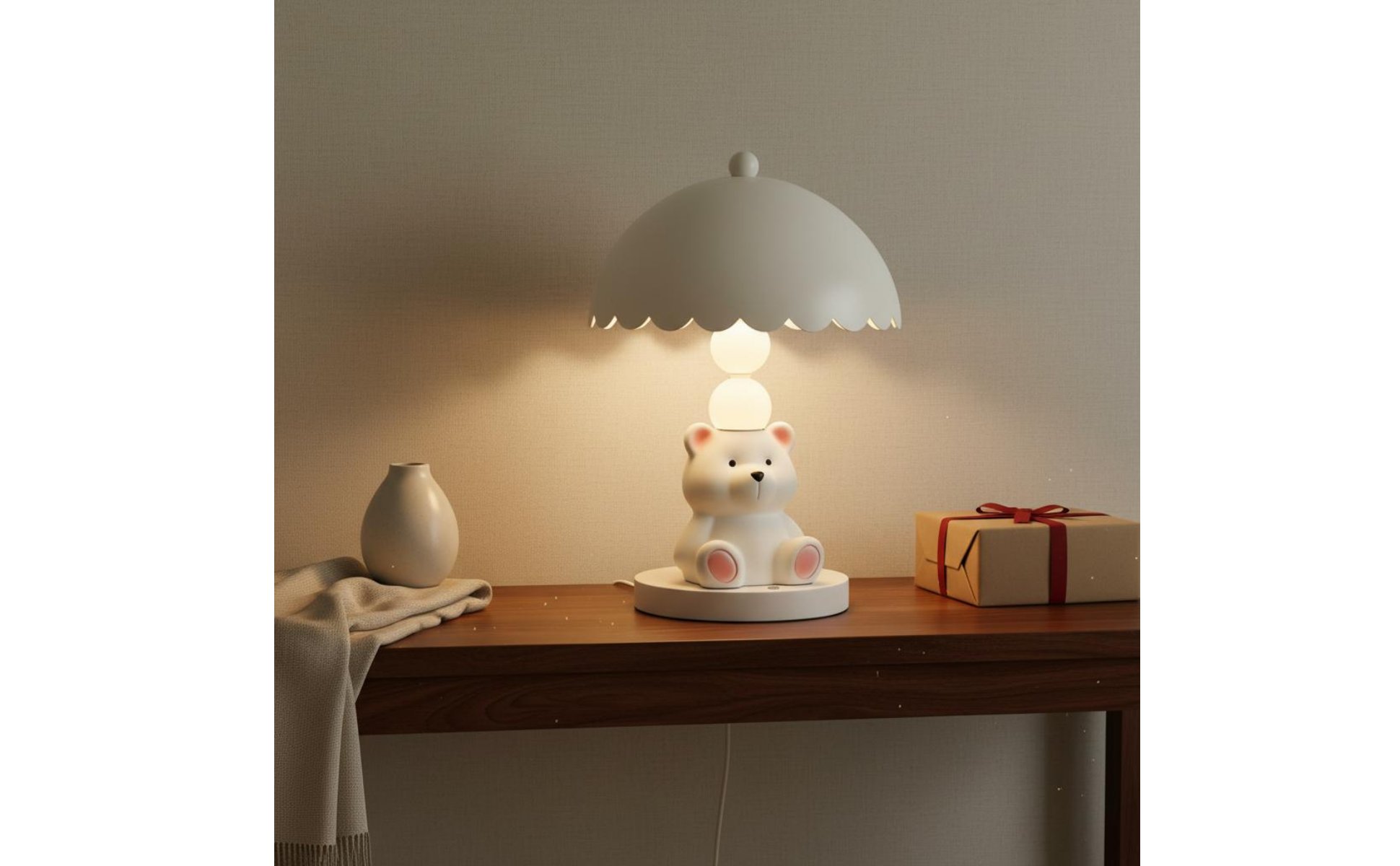 White Bear Table Lamp Press Control Bear Night Light Rechargeable for Bedroom