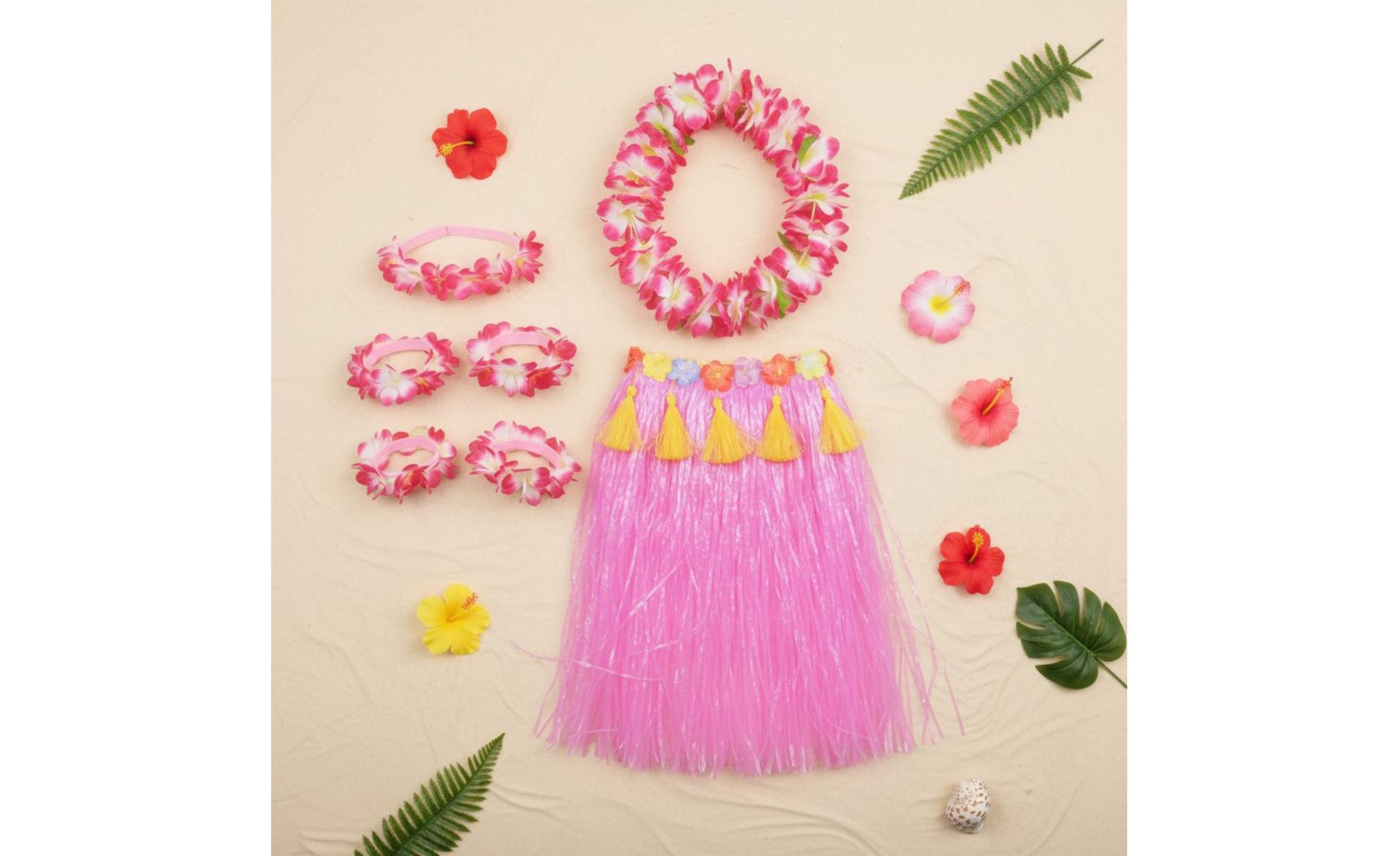 8 Pieces Hula Grass Skirt Set Easy to Wear Grass Skirt and Lei Set Elastic Fit