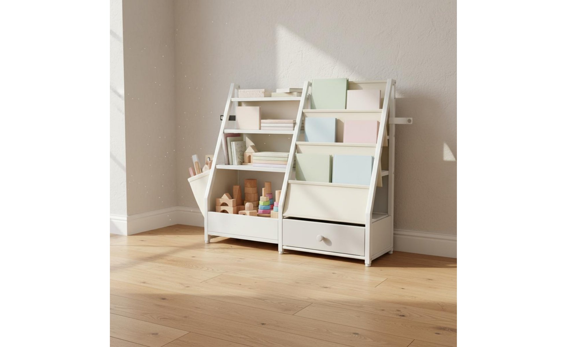 Kinderbücherregal mit Spielzeugaufbewahrung freistehend für Wohnzimmer, Kinder