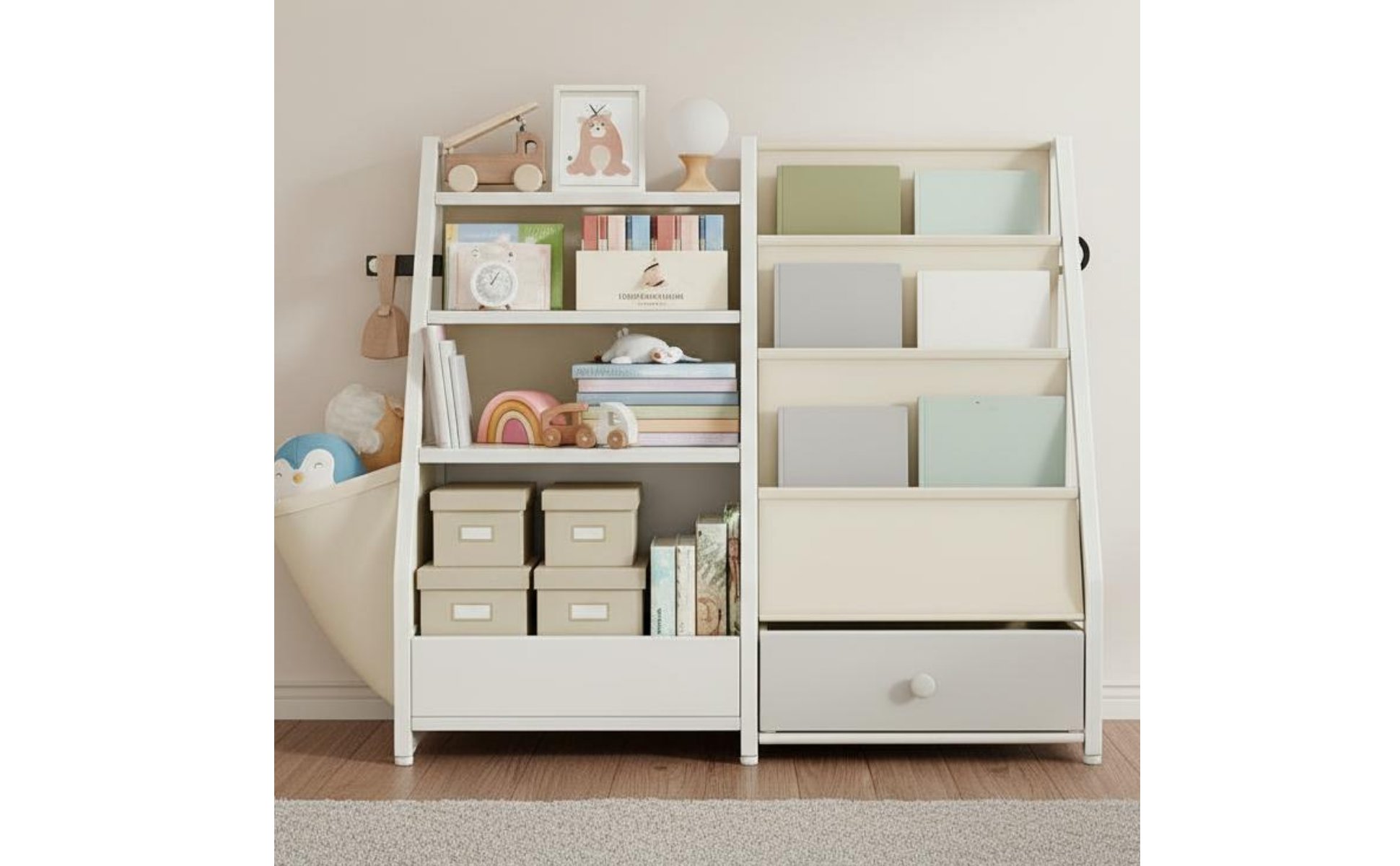 Kinderbücherregal mit Spielzeugaufbewahrung freistehend für Wohnzimmer, Kinder