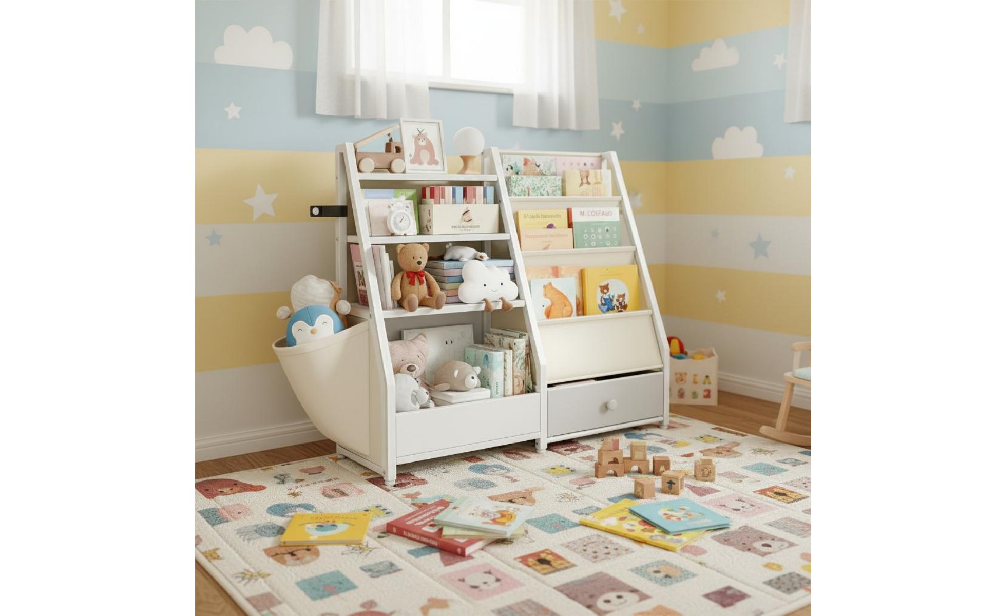 Kinderbücherregal mit Spielzeugaufbewahrung freistehend für Wohnzimmer, Kinder
