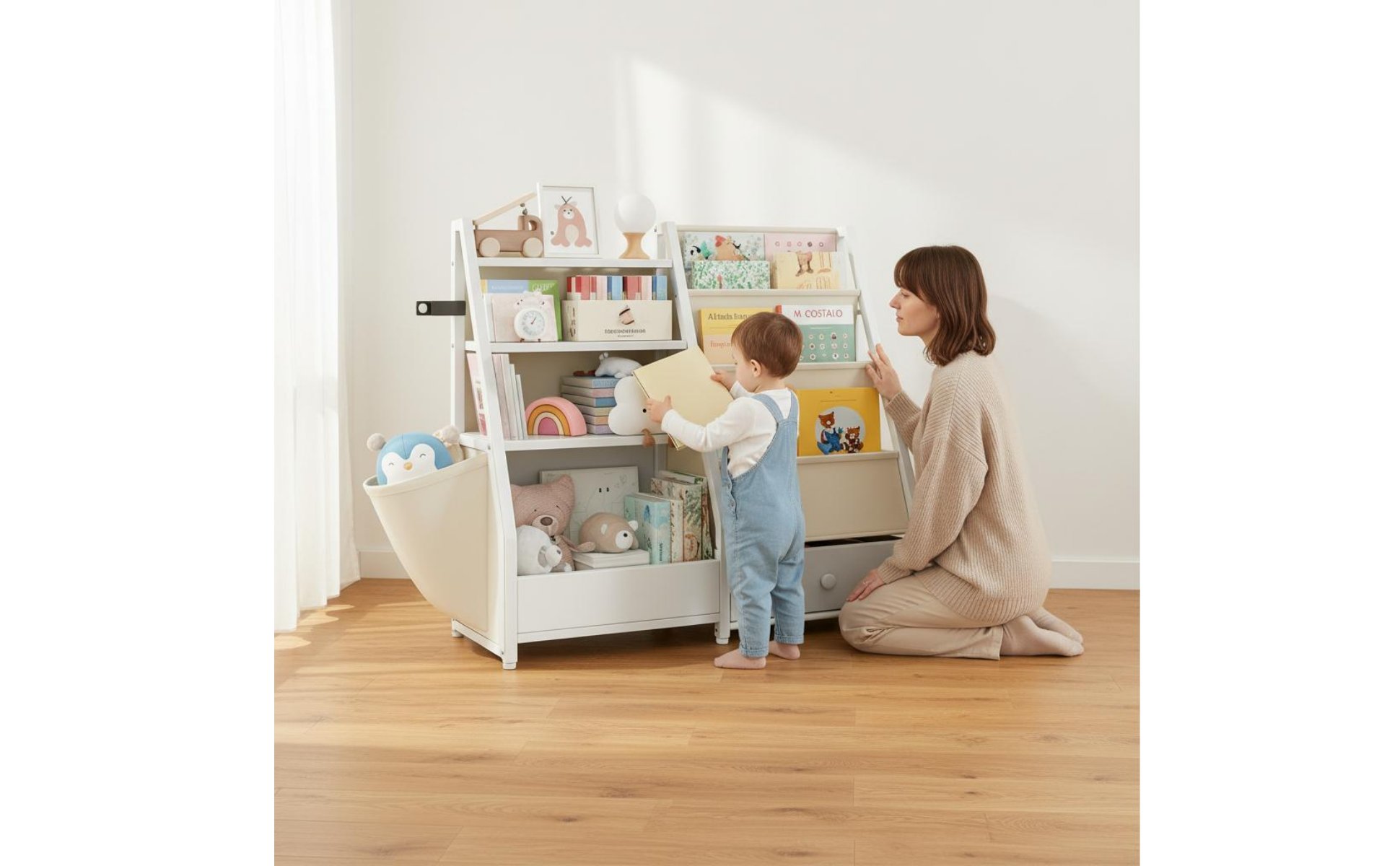 Kinderbücherregal mit Spielzeugaufbewahrung freistehend für Wohnzimmer, Kinder