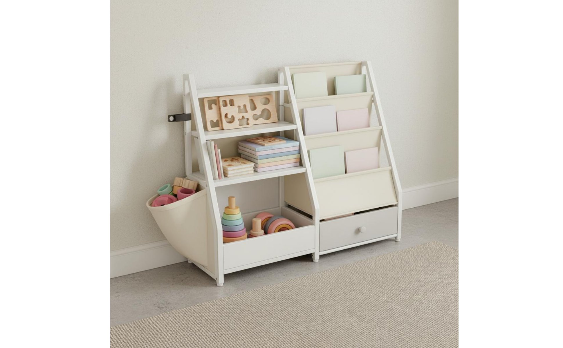 Kinderbücherregal mit Spielzeugaufbewahrung freistehend für Wohnzimmer, Kinder