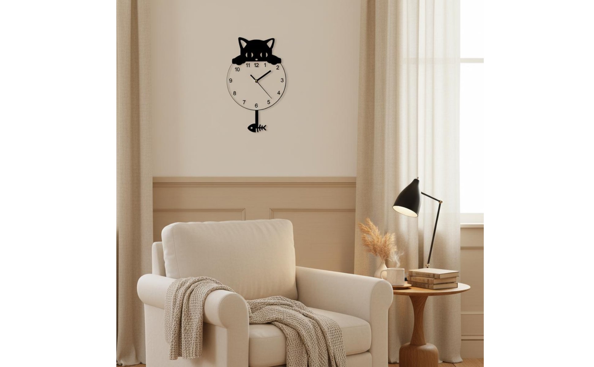Cat Pendulum Wall Clock Minimalist Design Swinging Tail Cat Clock for Bedroom