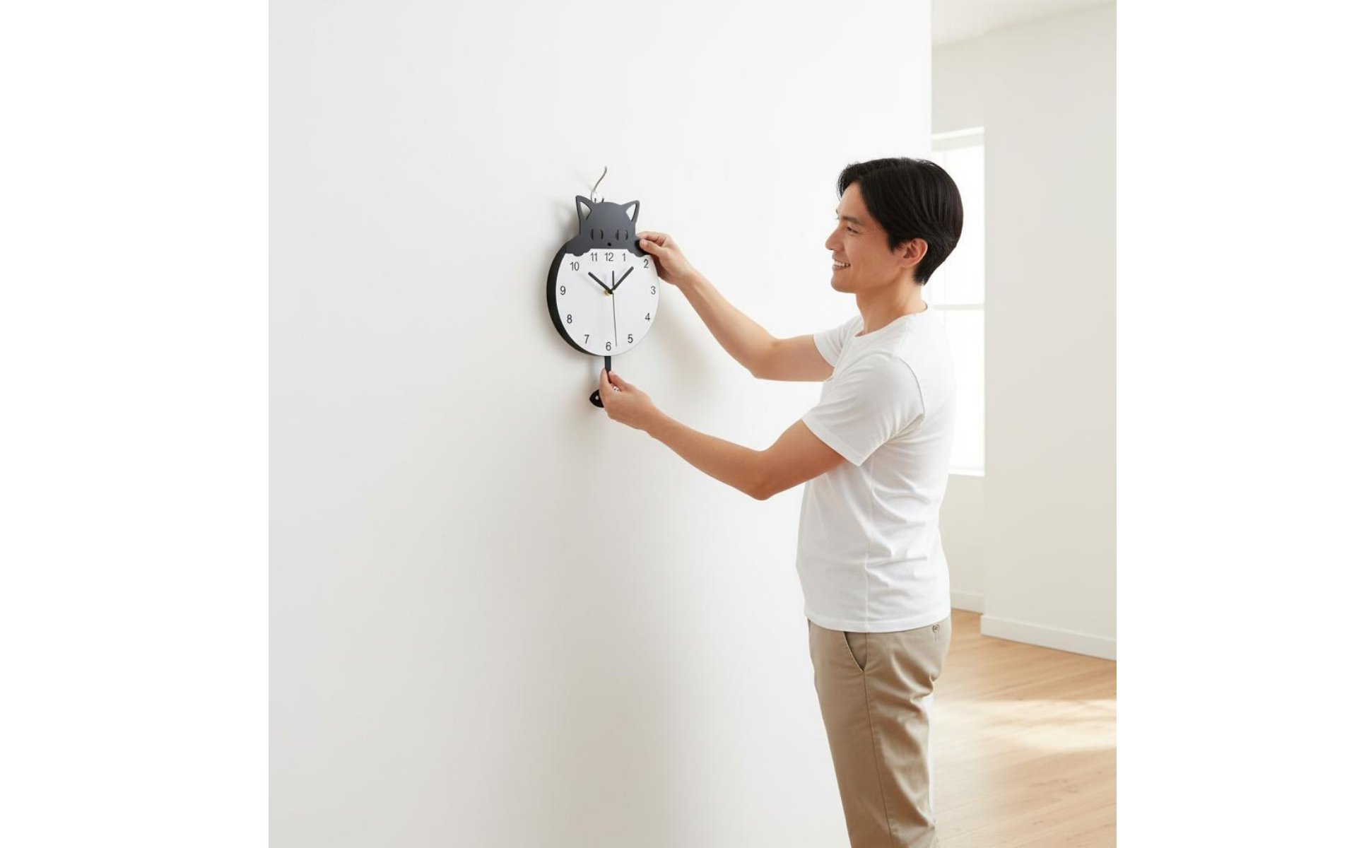 Cat Pendulum Wall Clock Minimalist Design Swinging Tail Cat Clock for Bedroom