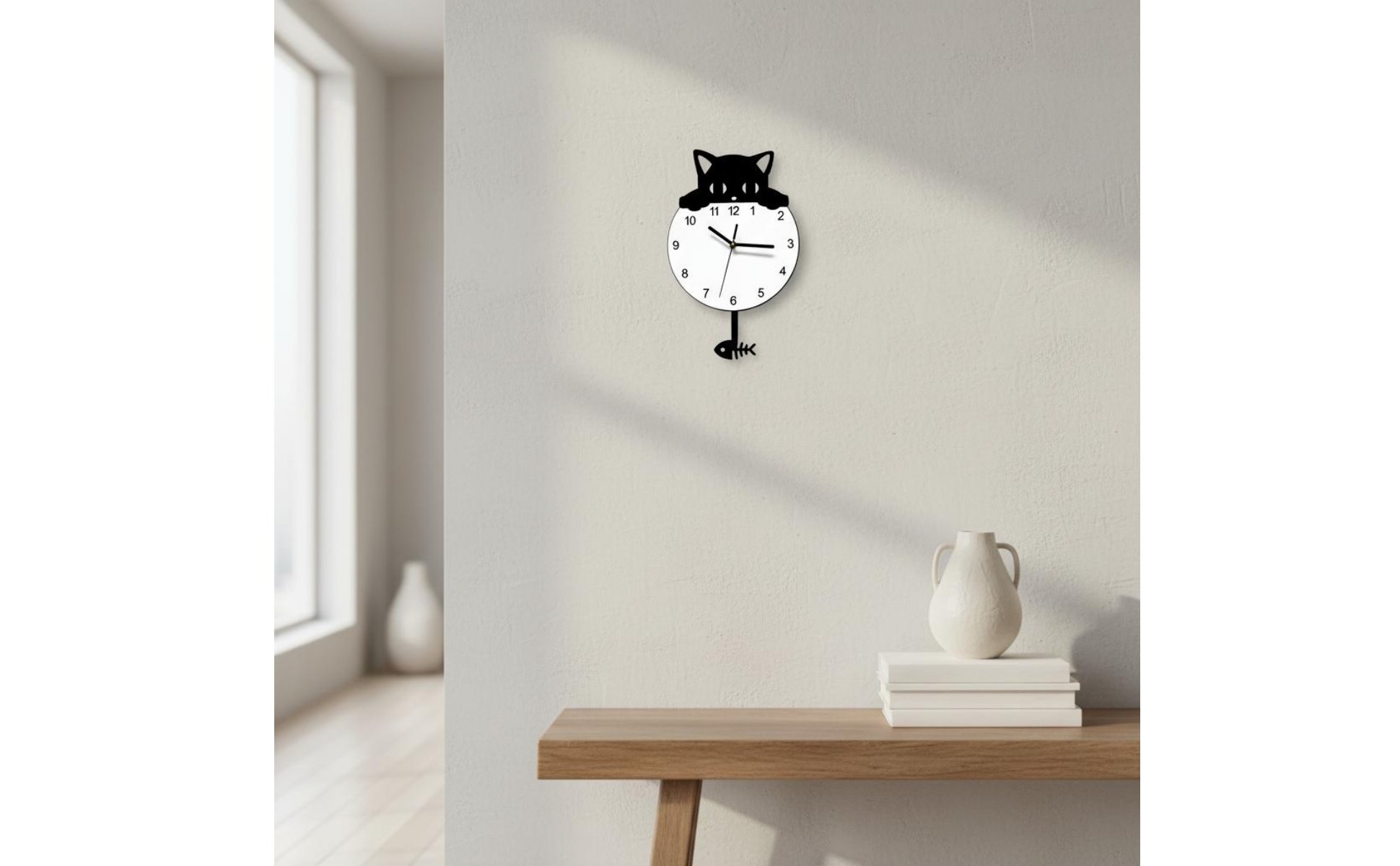 Cat Pendulum Wall Clock Minimalist Design Swinging Tail Cat Clock for Bedroom