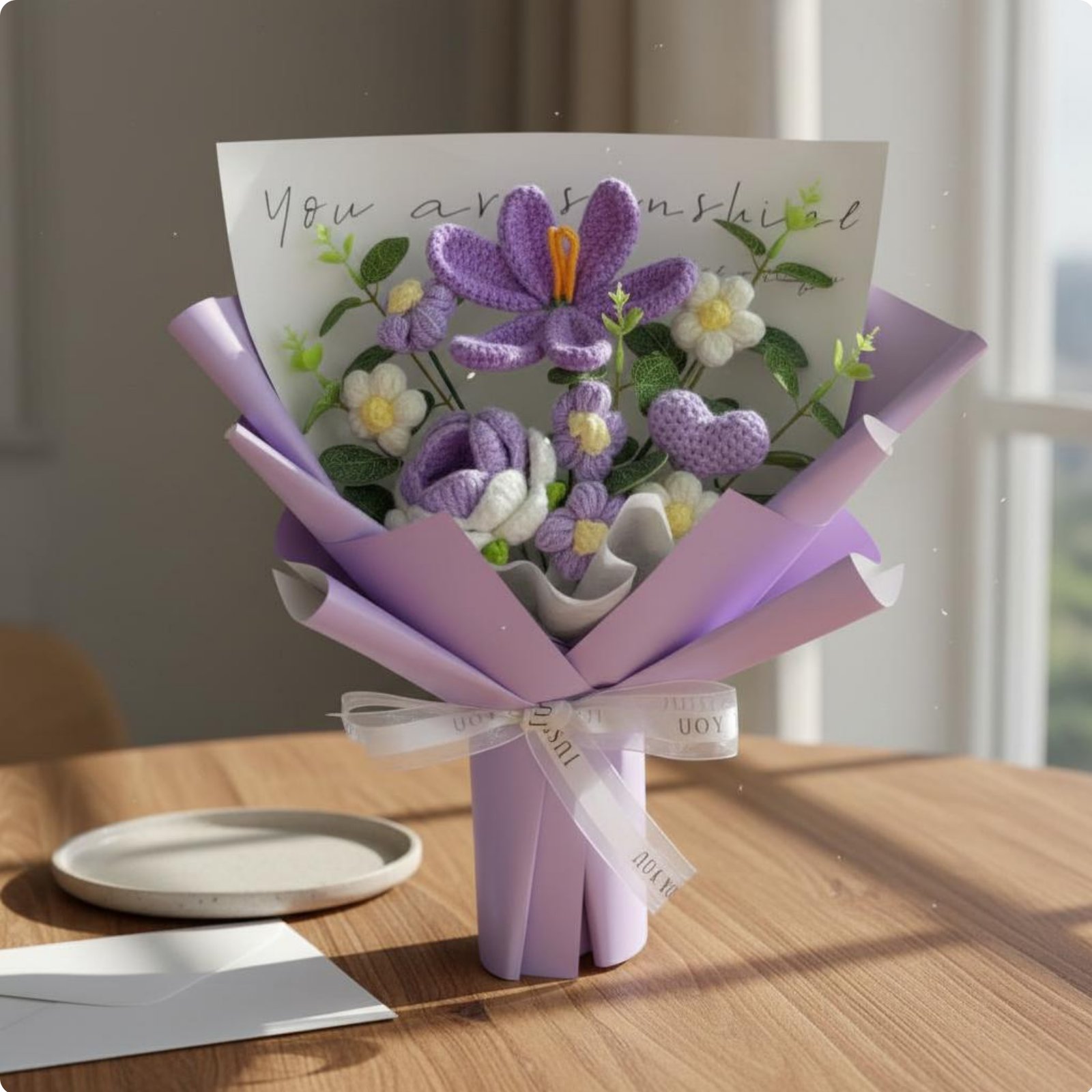 Handarbeit Garn Blumengesteck Unikat Geschenk gewebt Blumengesteck