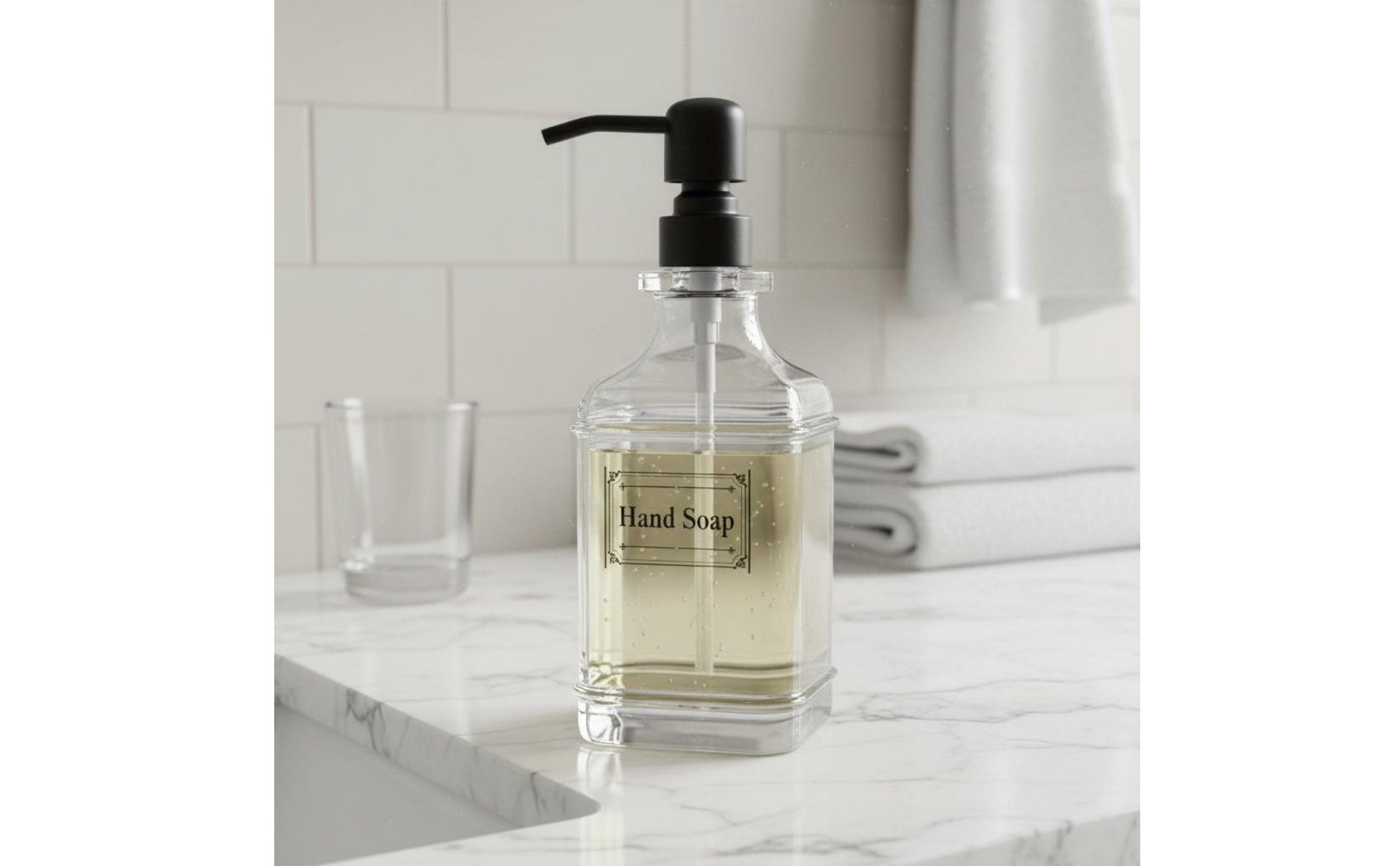 Square Glass Pump Bottle Refillable Glass Soap Dispenser Large Capacity 18oz