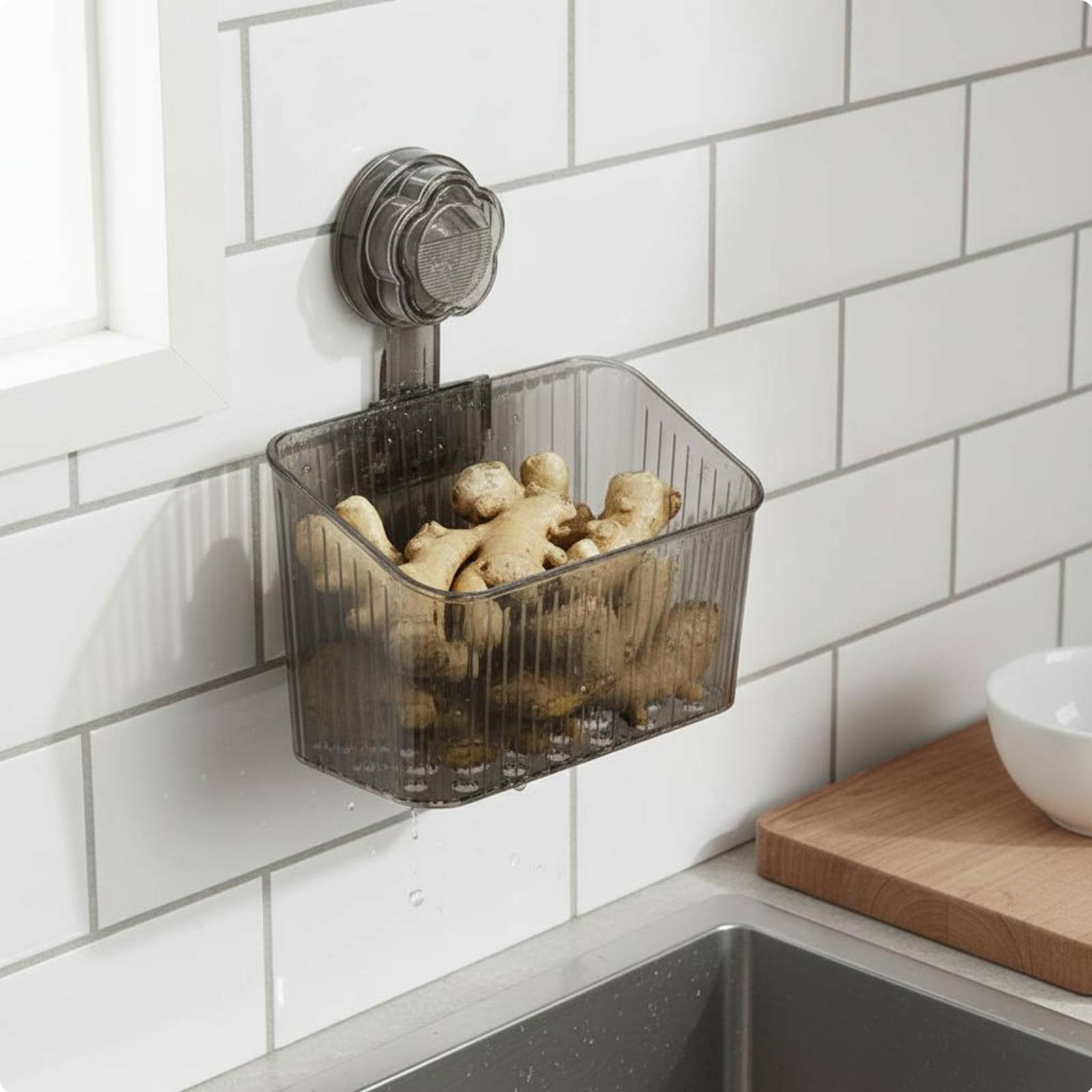 Suction Cup Storage Basket Easy to Clean Wall Mounted Kitchen Holder for Renters