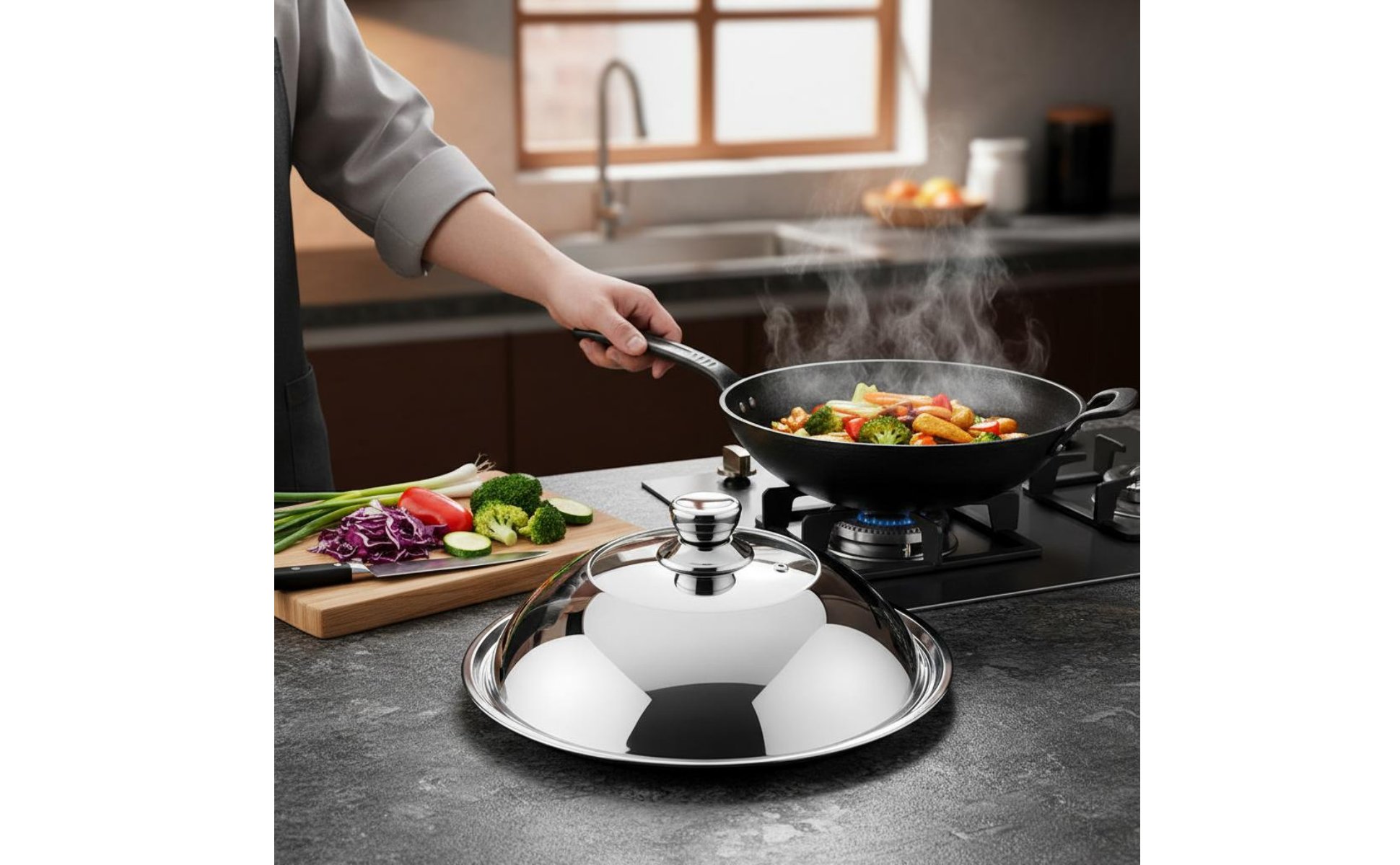 High Dome Wok Lid Anti-Spill Stainless Steel Glass Lid Thickened Material