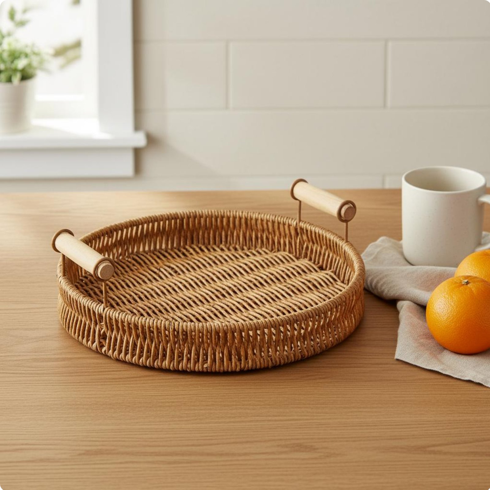 Woven Tray with Wooden Handles Multi-Purpose Wicker Design Decorative Tray