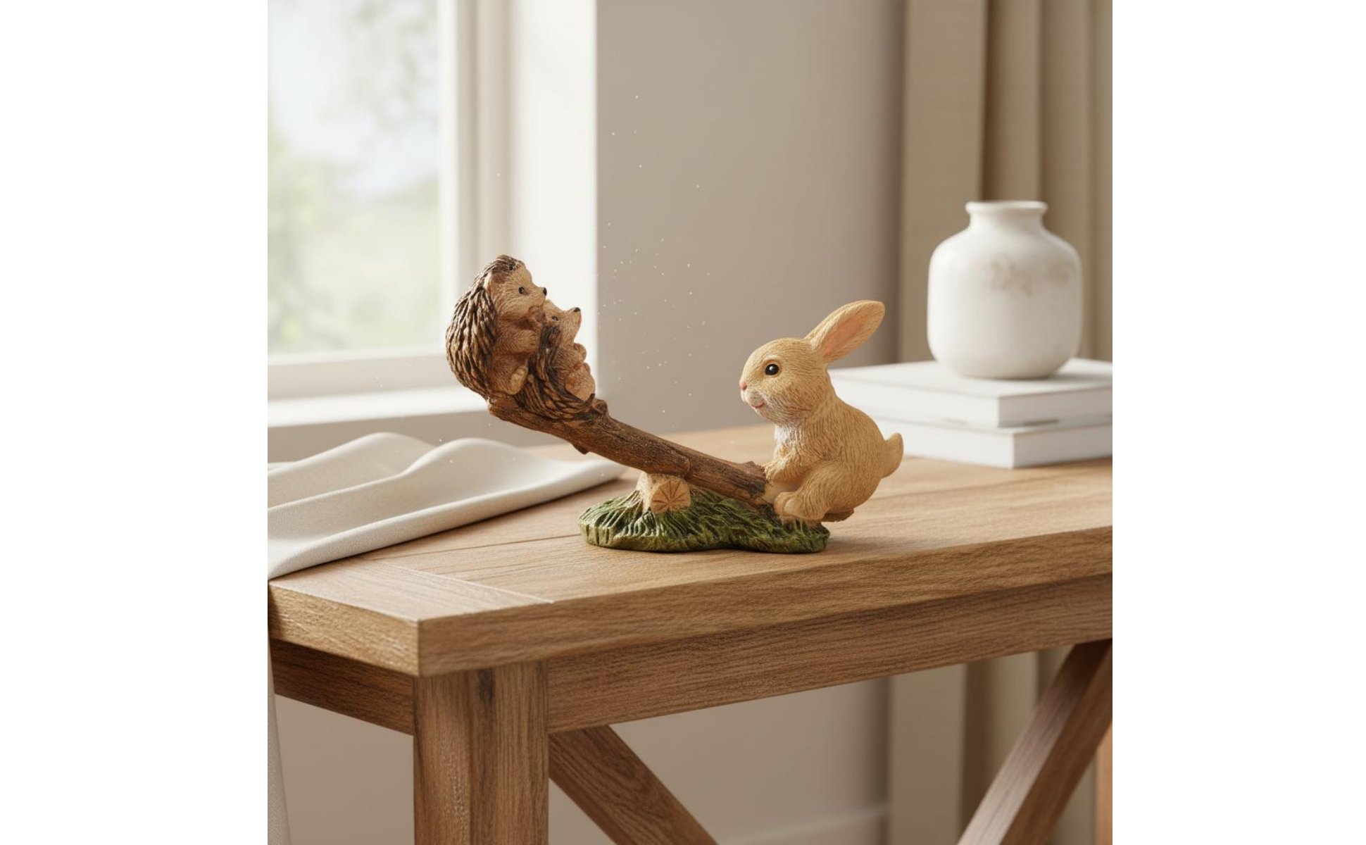 Rabbit and Hedgehog Seesaw Figurine Pastoral Design for Balcony, Desktop