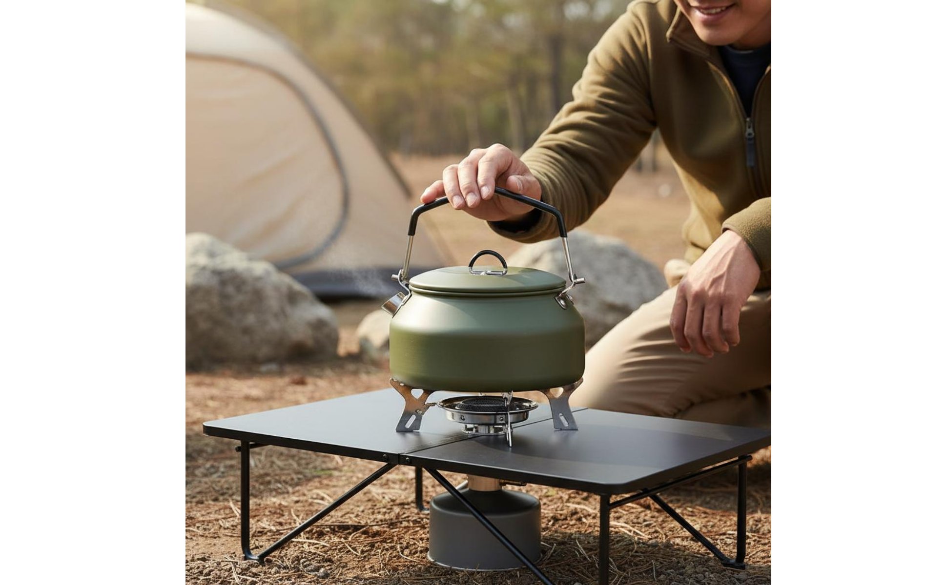 1L Hiking Kettle 304 Stainless Steel Camping Kettle Folding Handle for Campers