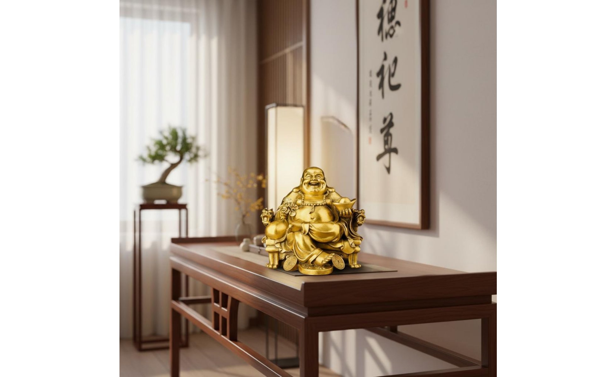 Laughing Buddha Statue Wealth Attraction Golden Maitreya Figurine Good Fortune