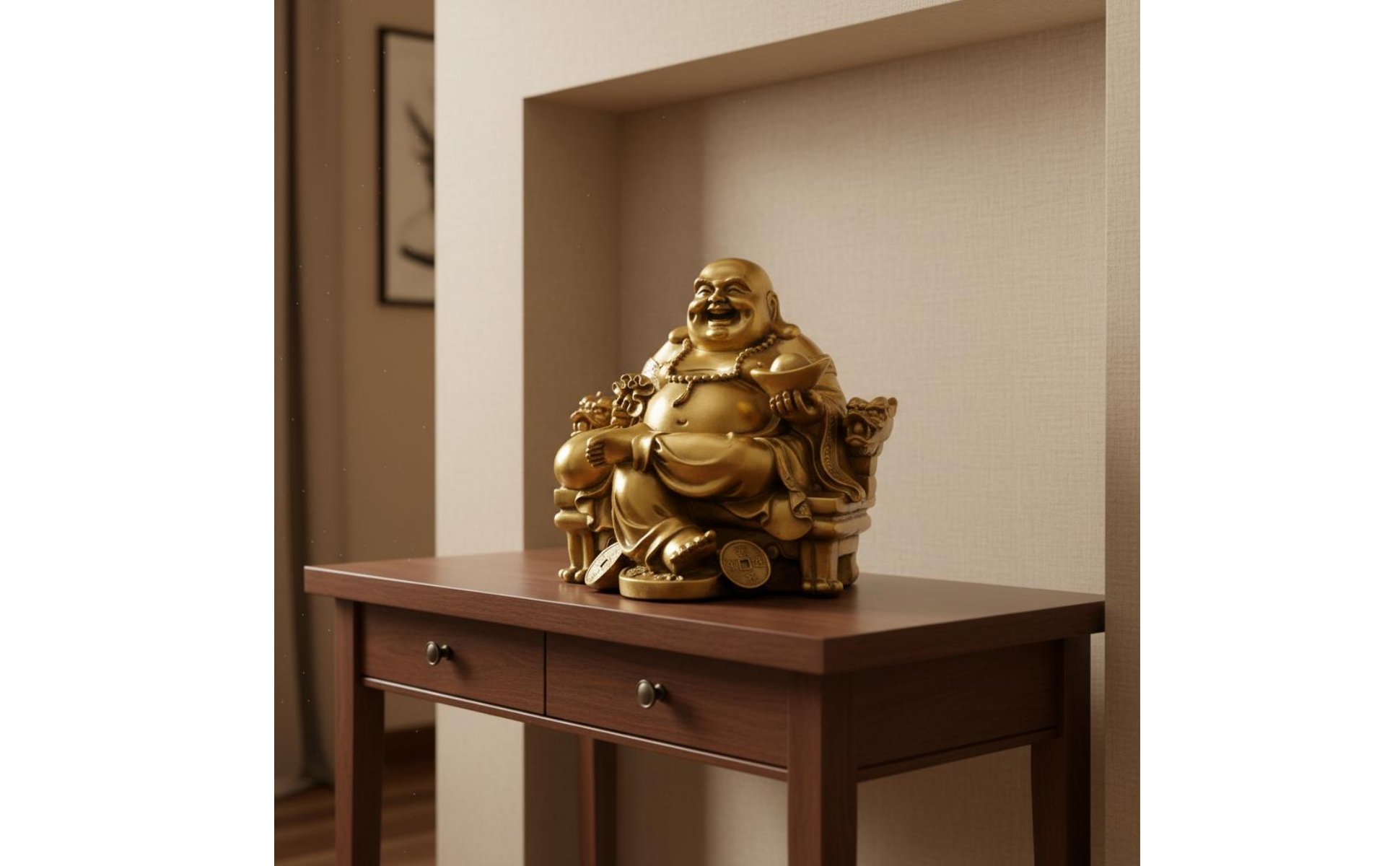 Laughing Buddha Statue Wealth Attraction Golden Maitreya Figurine Good Fortune
