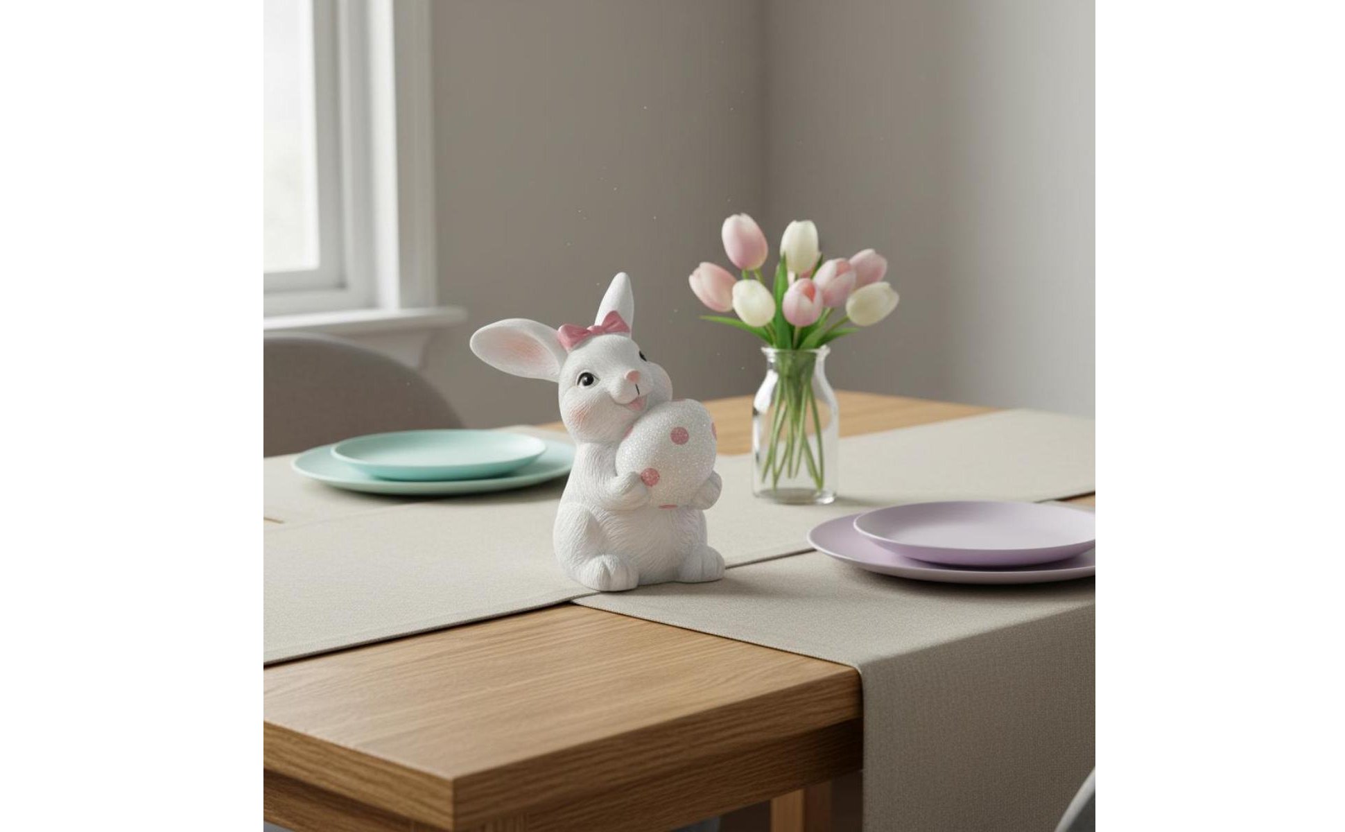 Easter Bunny Figurine Holiday Themed White Bunny with Egg Ornament for Bedroom
