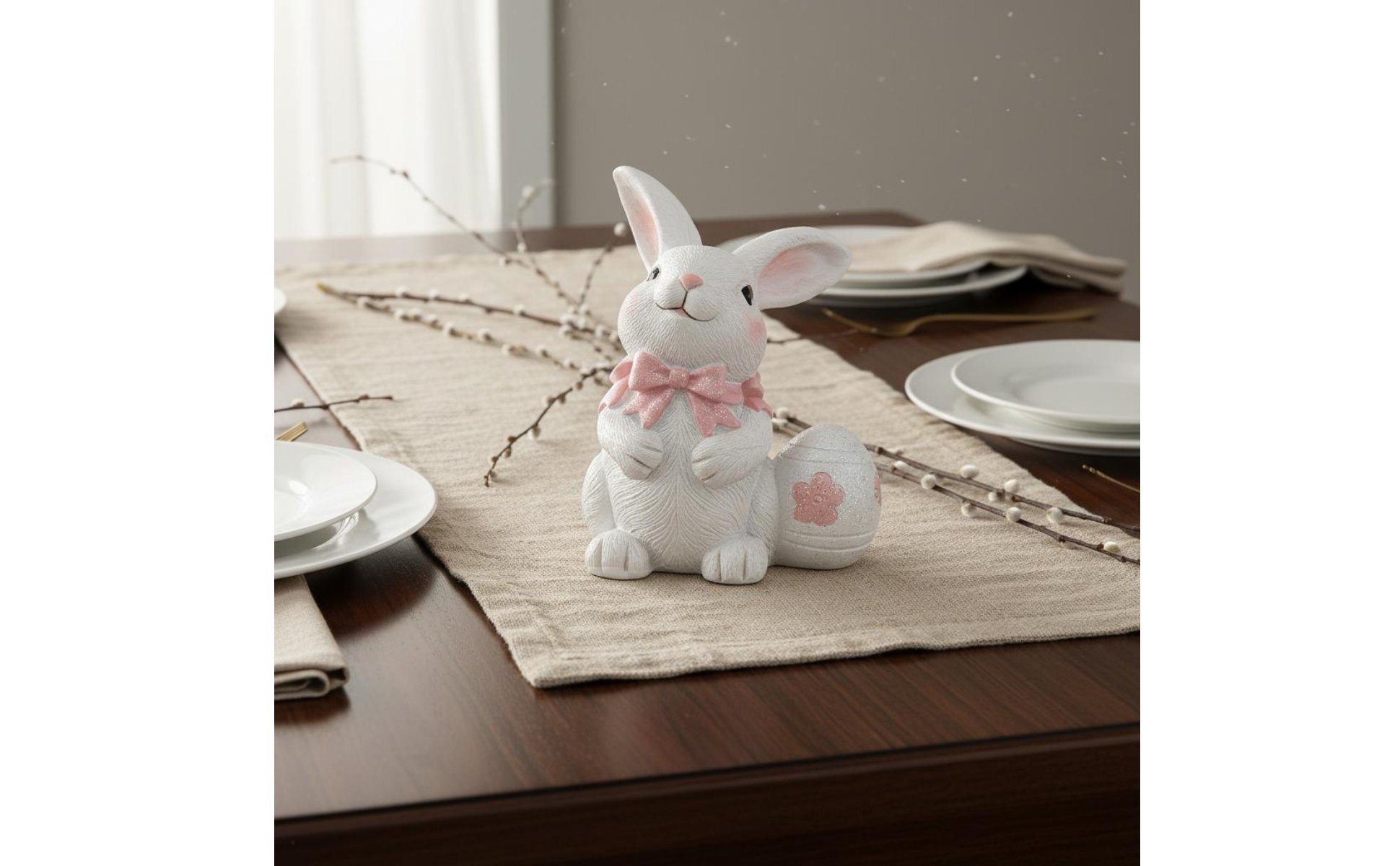 Easter Bunny Figurine Holiday Themed White Bunny with Egg Ornament for Bedroom