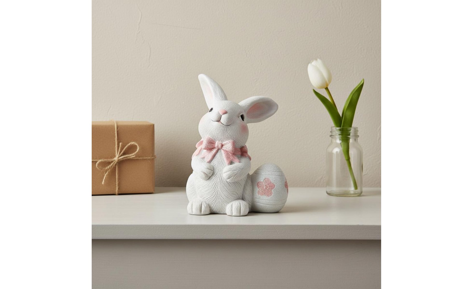 Easter Bunny Figurine Holiday Themed White Bunny with Egg Ornament for Bedroom