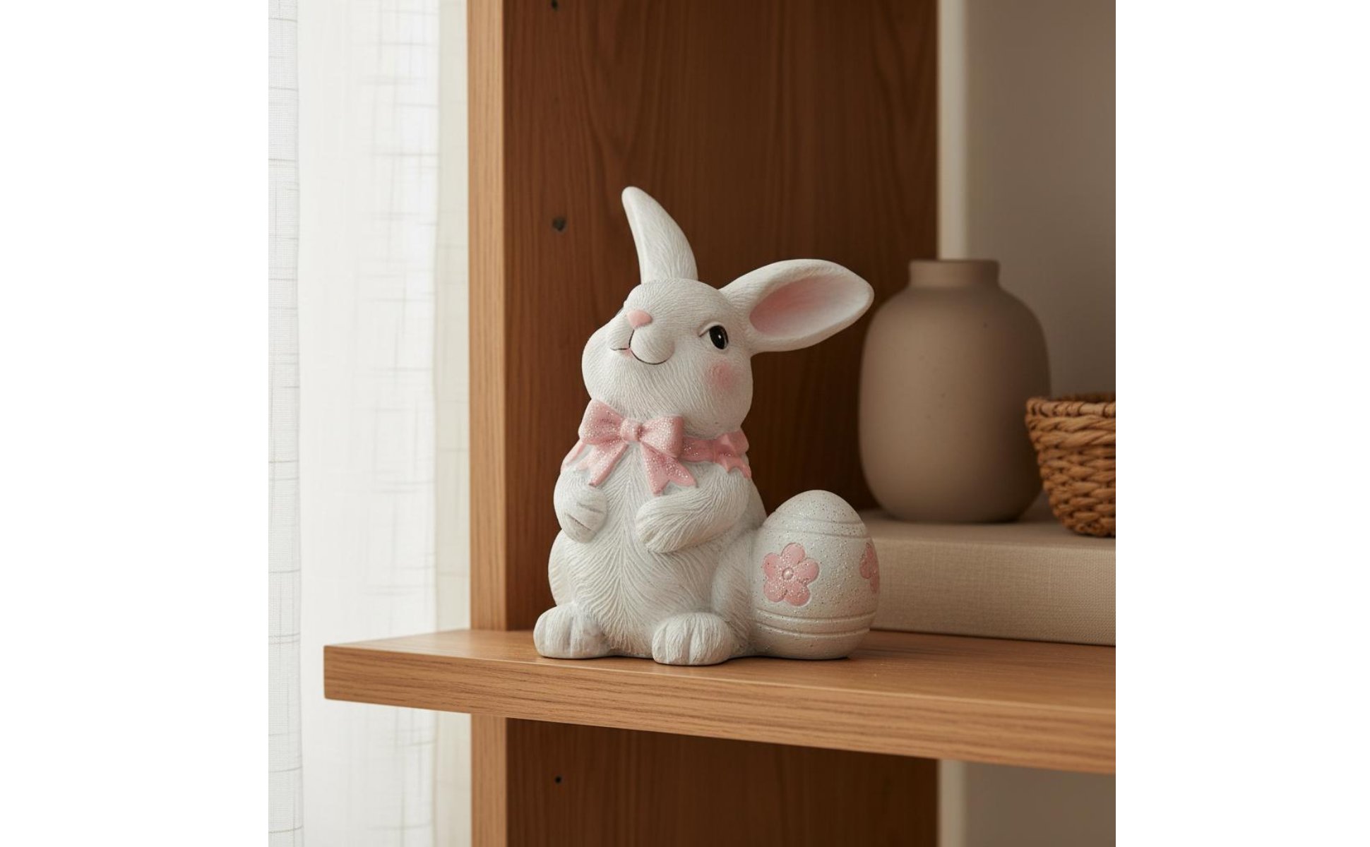 Easter Bunny Figurine Holiday Themed White Bunny with Egg Ornament for Bedroom