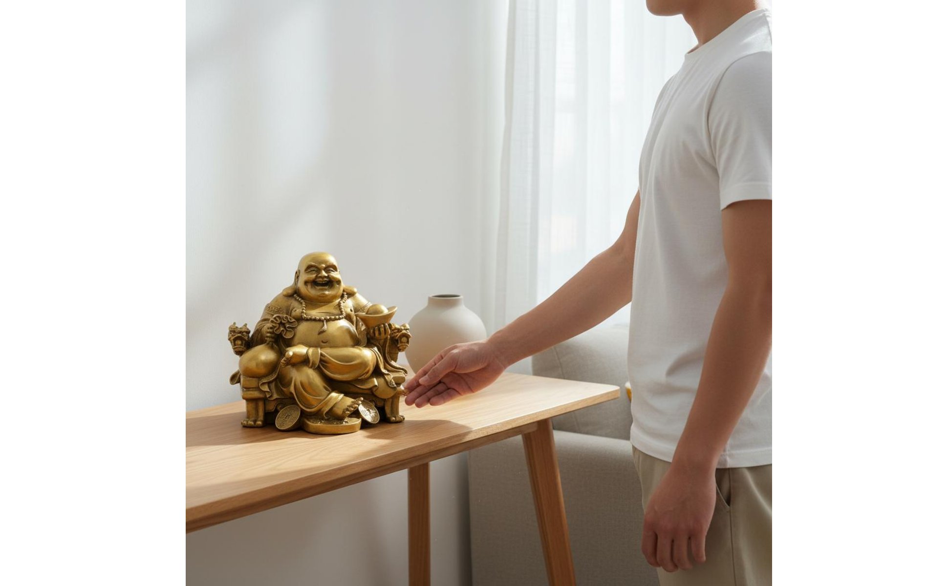 Laughing Buddha Statue Wealth Attraction Golden Maitreya Figurine Good Fortune