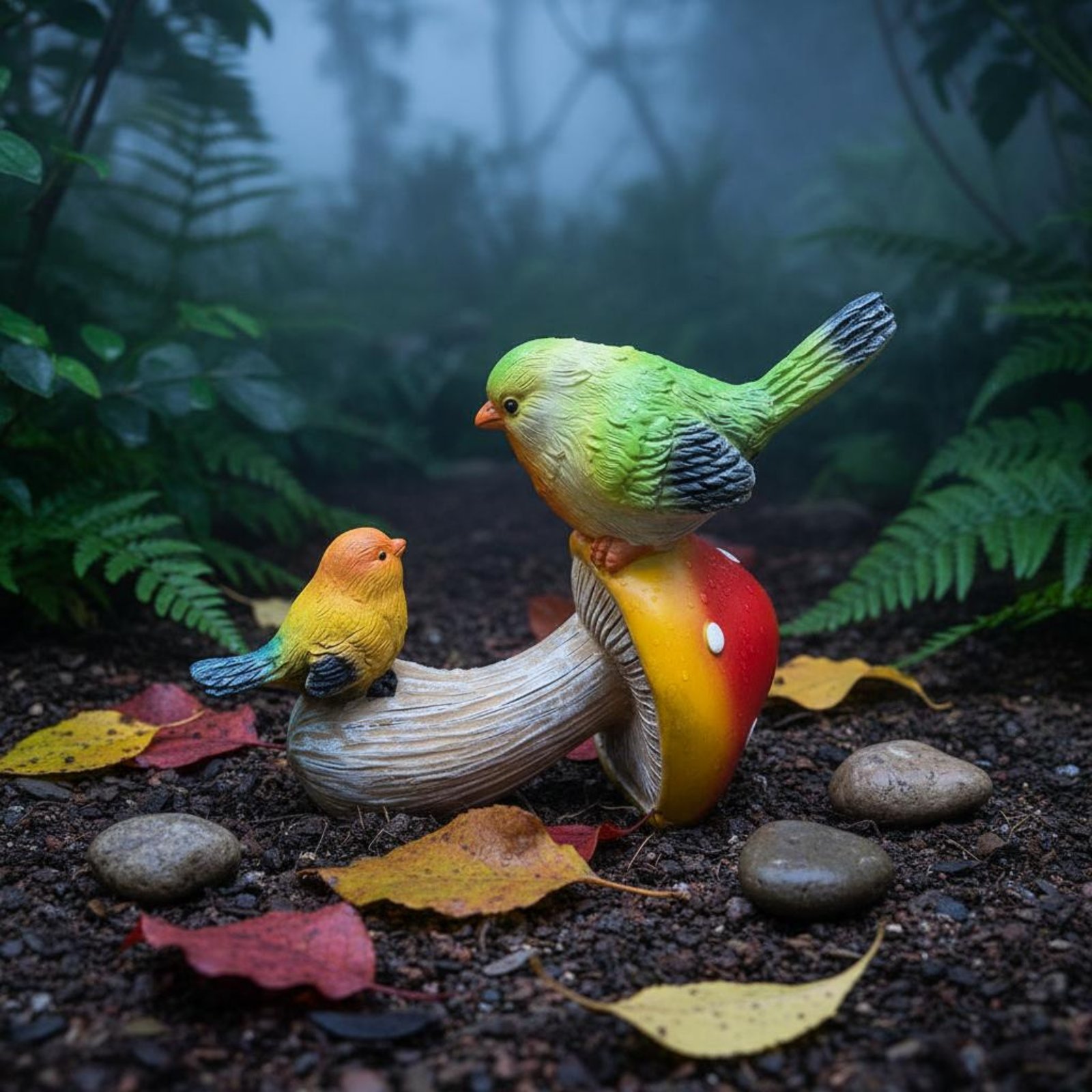 Colorful Bird and Toadstool Decor Vibrant Colors Birds on Toadstool Figurine - Produktbild 3