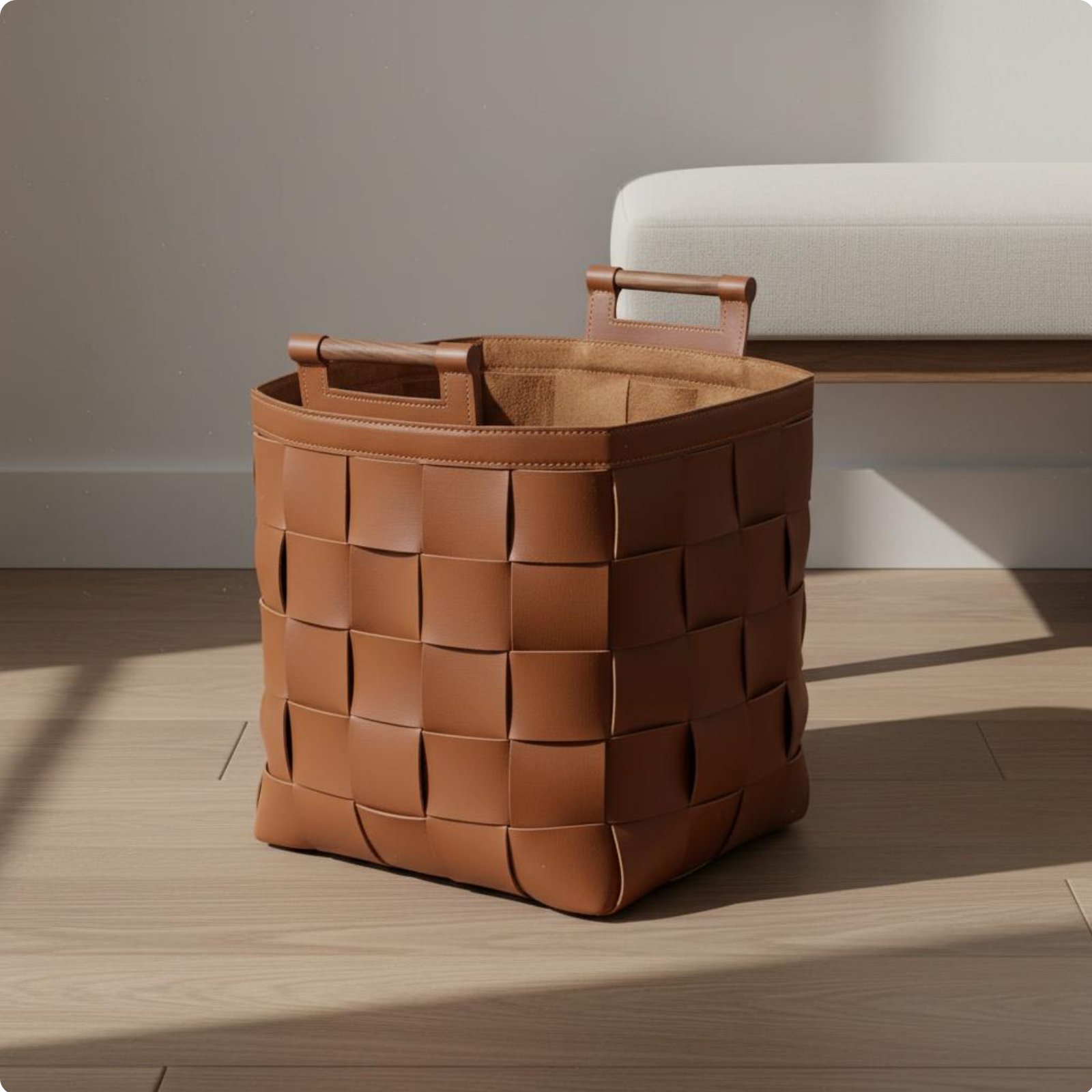 Woven Leather Basket Minimalist Aesthetic Handmade Woven Hamper for Living Room