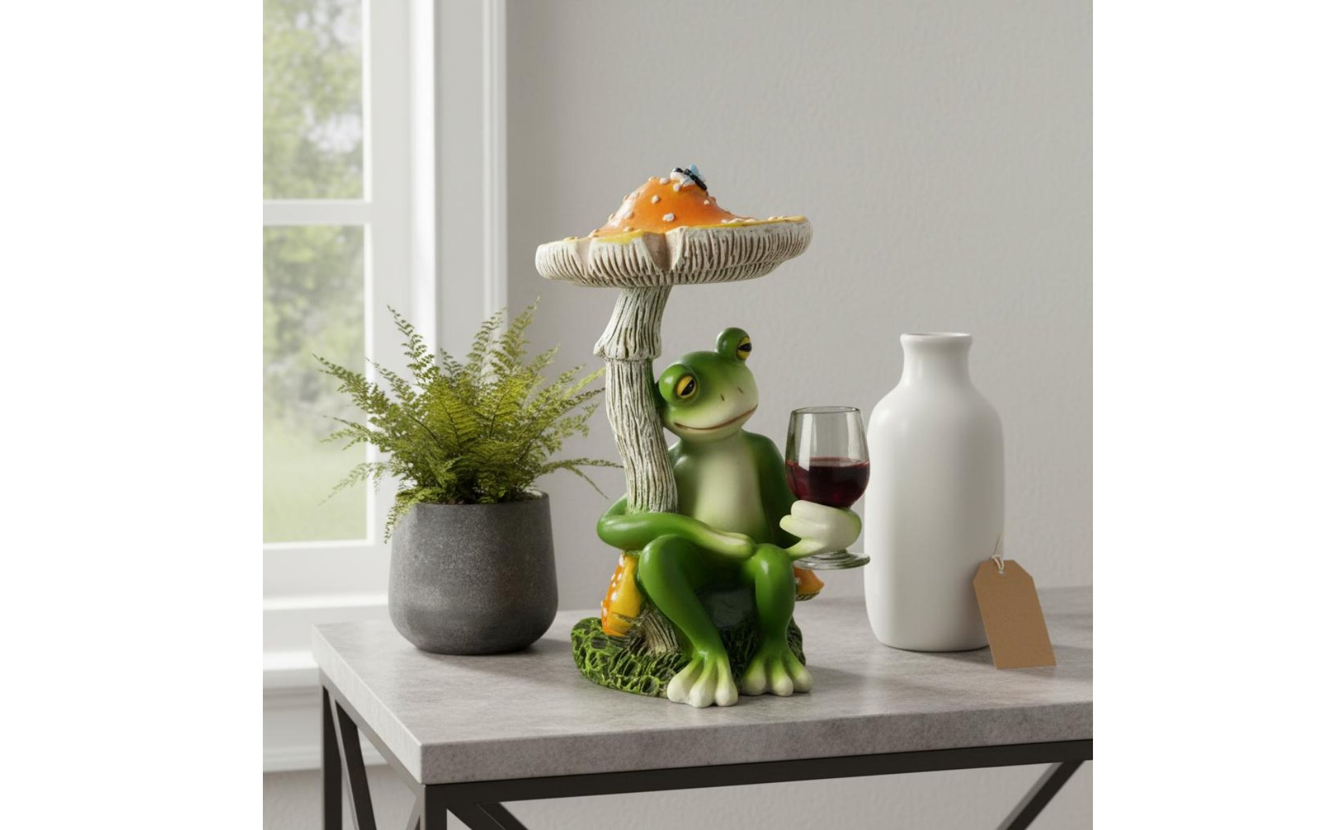 Frog Under Toadstool Figurine Creative Design Frog Drinking Wine Statue