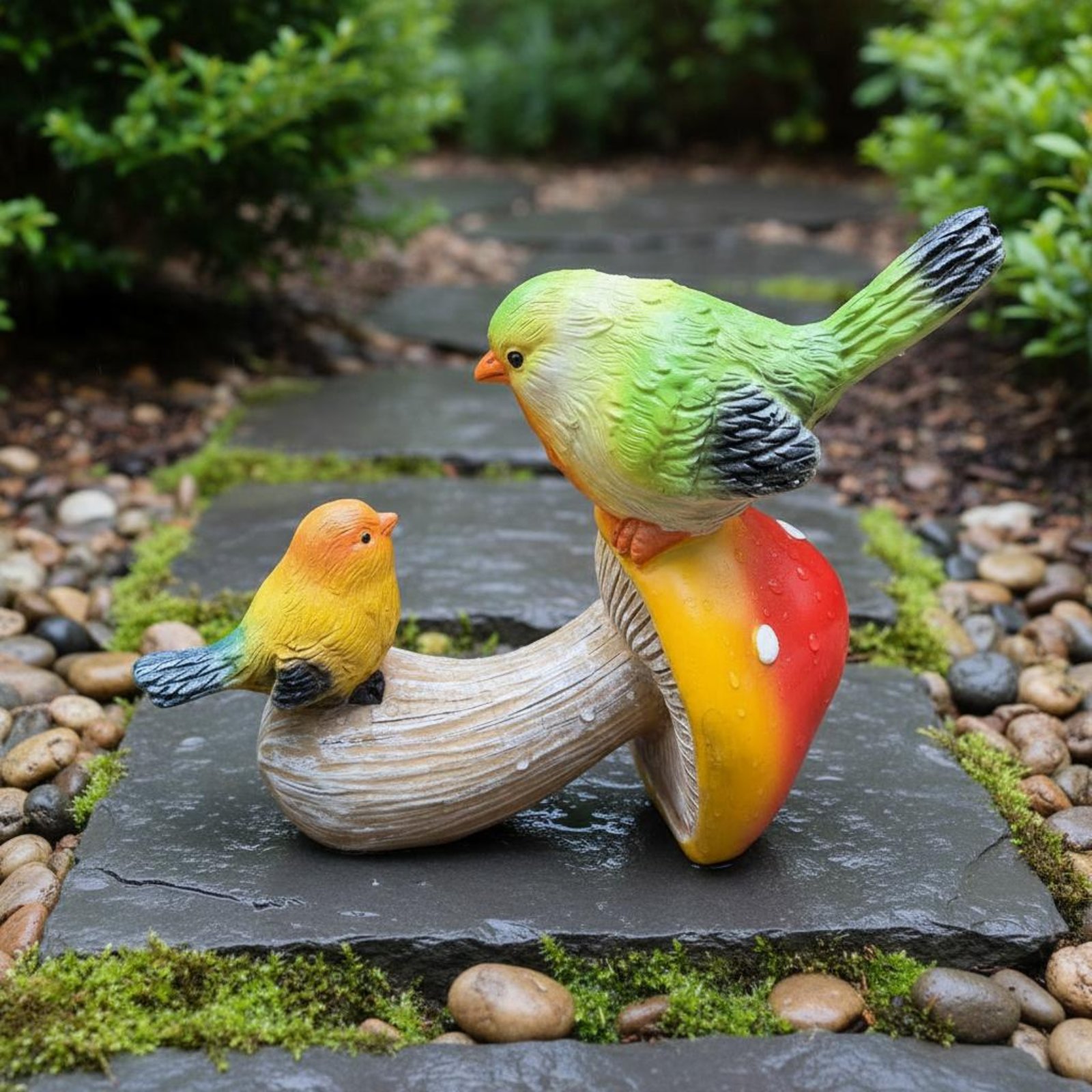 Colorful Bird and Toadstool Decor Vibrant Colors Birds on Toadstool Figurine - Produktbild 2