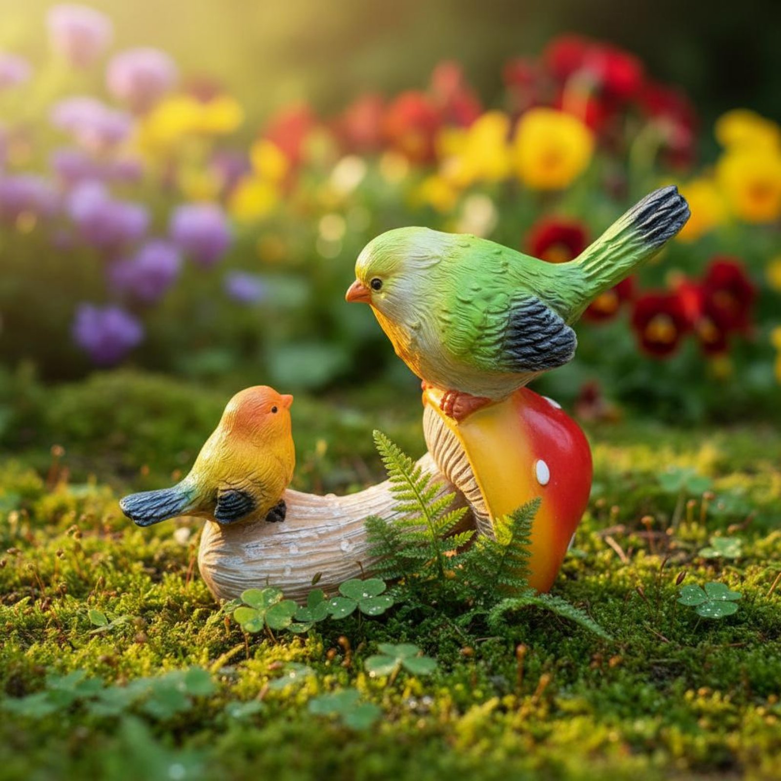 Colorful Bird and Toadstool Decor Vibrant Colors Birds on Toadstool Figurine - Produktbild 1