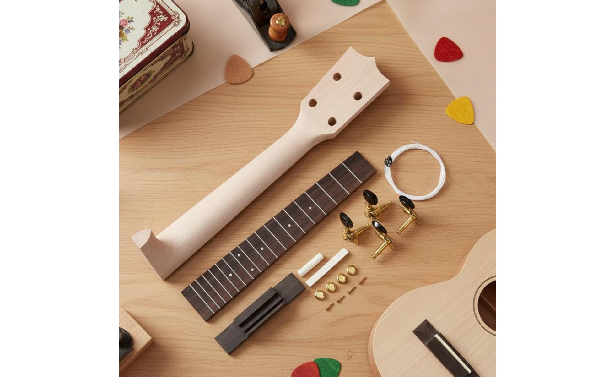 DIY Ukulele Neck Kit Pre-Drilled Tobacco Box Ukulele Parts for Hobbyists, Kids