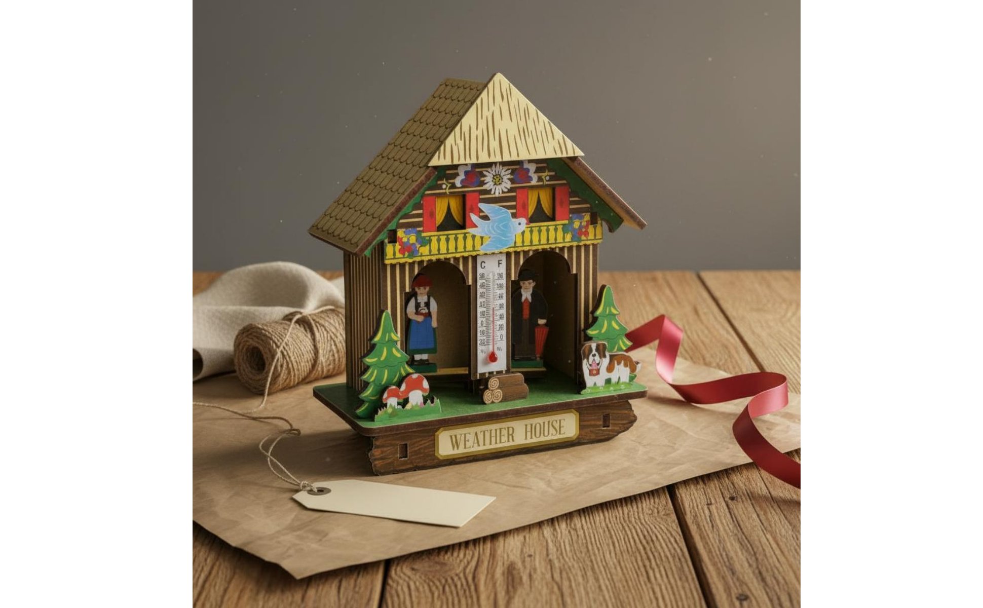 Weather House Temperature and Humidity Display Wooden Chalet Hygrometer