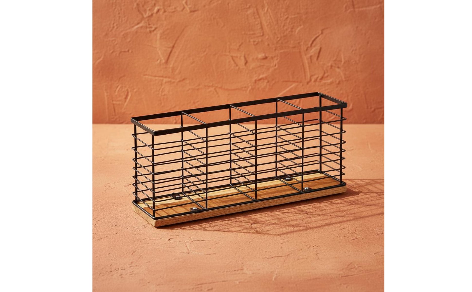 Iron and Wood Storage Basket Multi-Compartment Wooden Base Kitchen Organizer