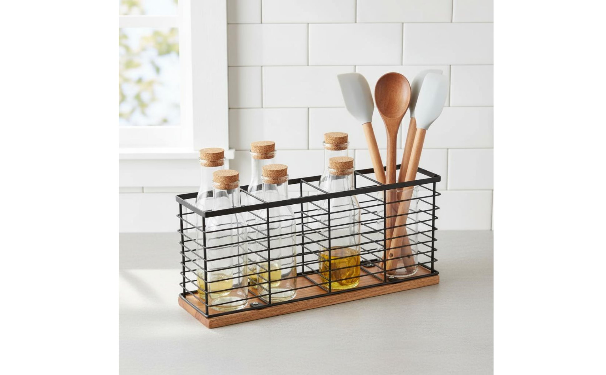 Iron and Wood Storage Basket Multi-Compartment Wooden Base Kitchen Organizer