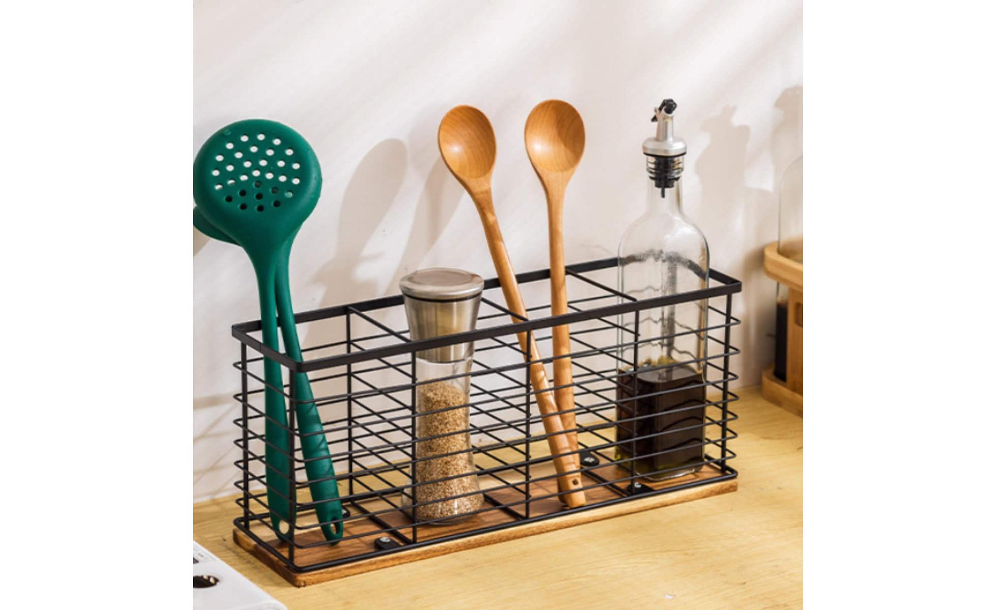 Iron and Wood Storage Basket Multi-Compartment Wooden Base Kitchen Organizer
