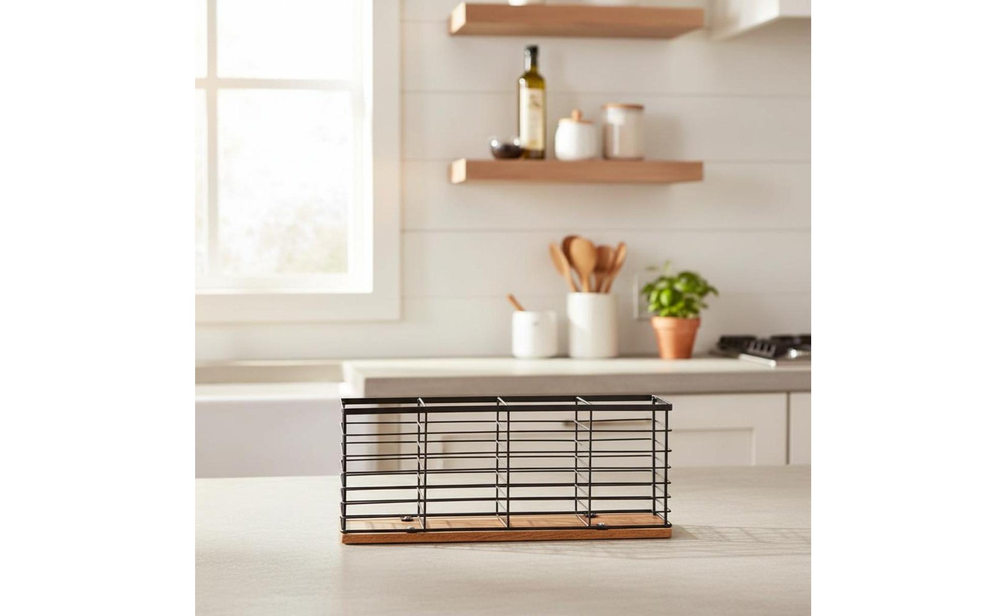 Iron and Wood Storage Basket Multi-Compartment Wooden Base Kitchen Organizer