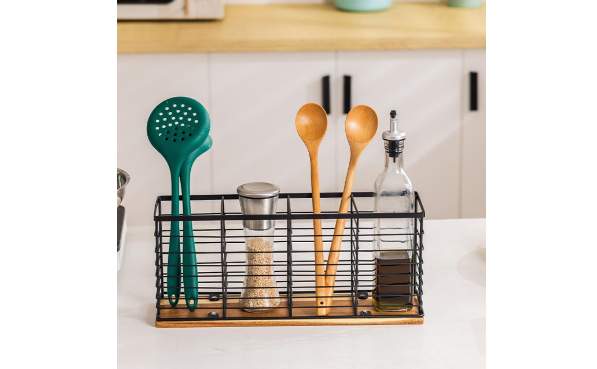 Iron and Wood Storage Basket Multi-Compartment Wooden Base Kitchen Organizer
