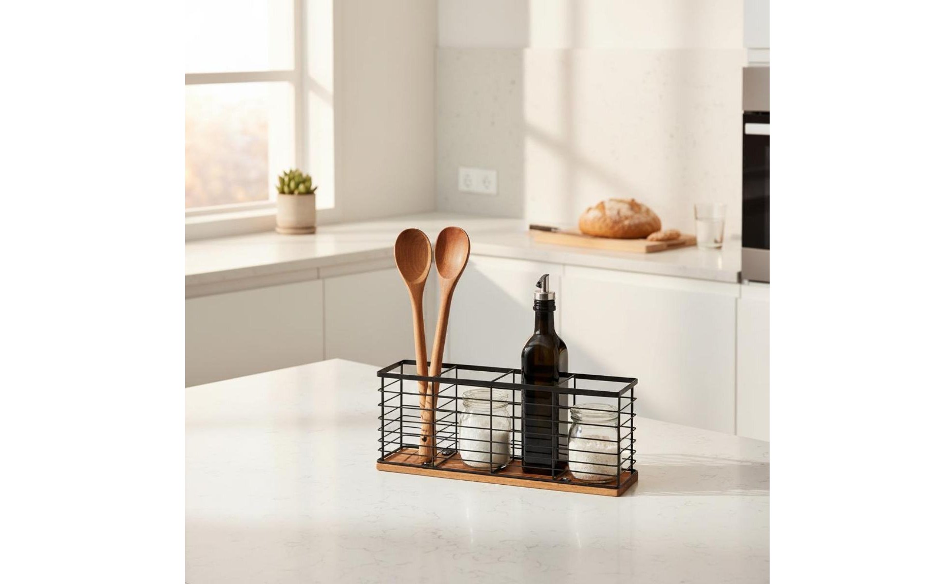 Iron and Wood Storage Basket Multi-Compartment Wooden Base Kitchen Organizer