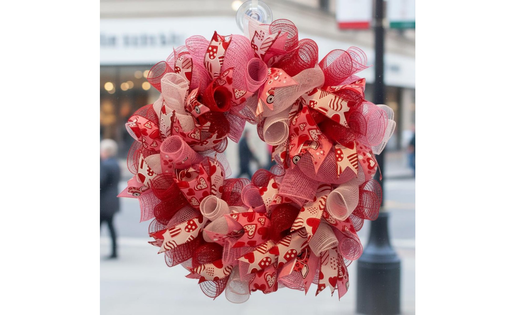 Valentine Wreath Shape-Holding Pink Ribbon Wreath Glittery for Door, Window
