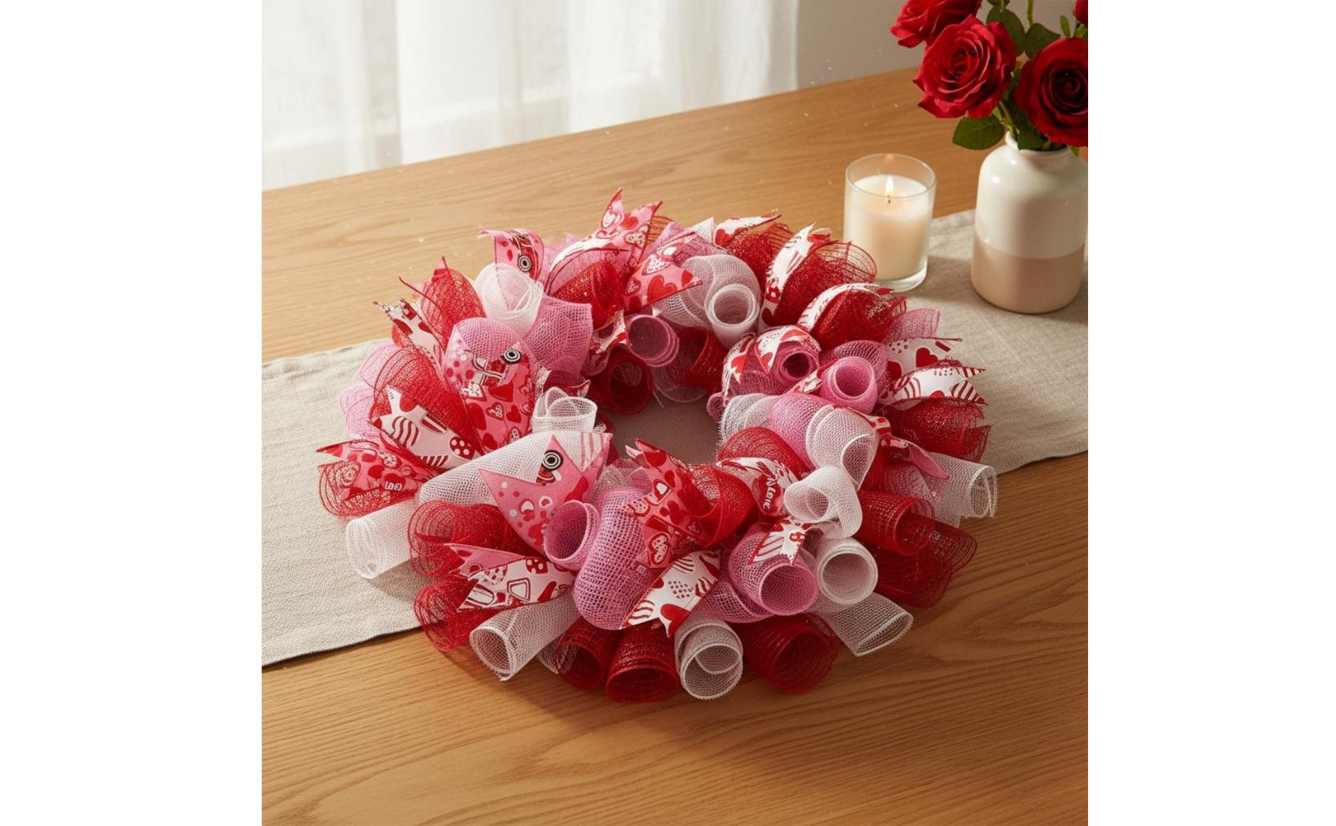 Valentine Wreath Shape-Holding Pink Ribbon Wreath Glittery for Door, Window