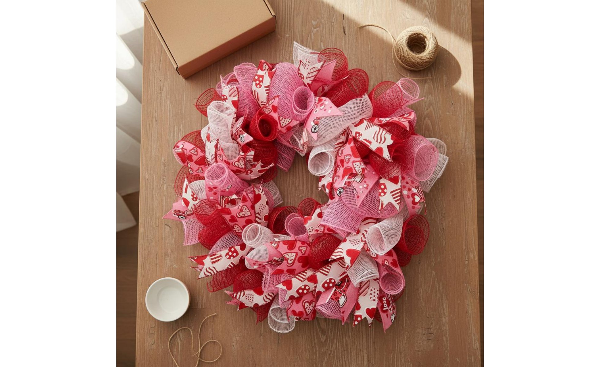 Valentine Wreath Shape-Holding Pink Ribbon Wreath Glittery for Door, Window