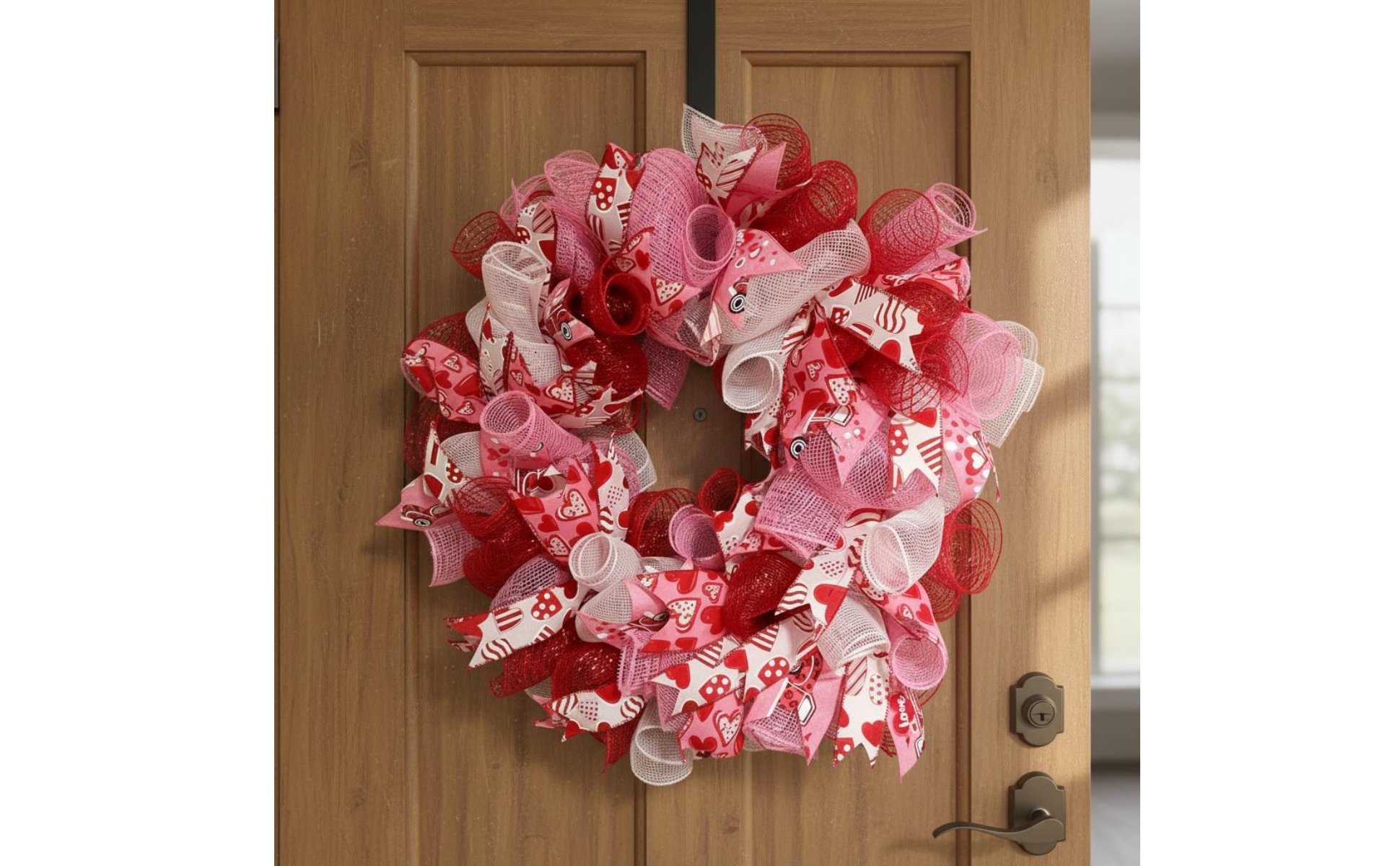 Valentine Wreath Shape-Holding Pink Ribbon Wreath Glittery for Door, Window
