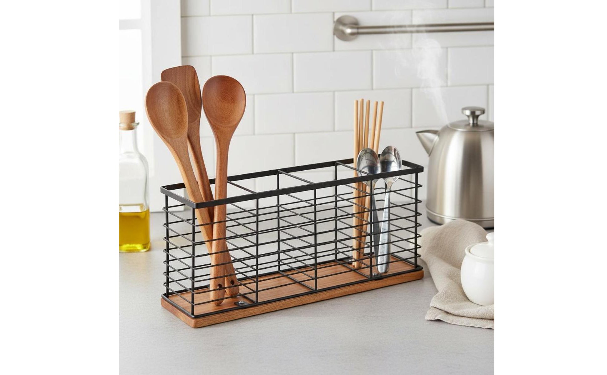 Iron and Wood Storage Basket Multi-Compartment Wooden Base Kitchen Organizer