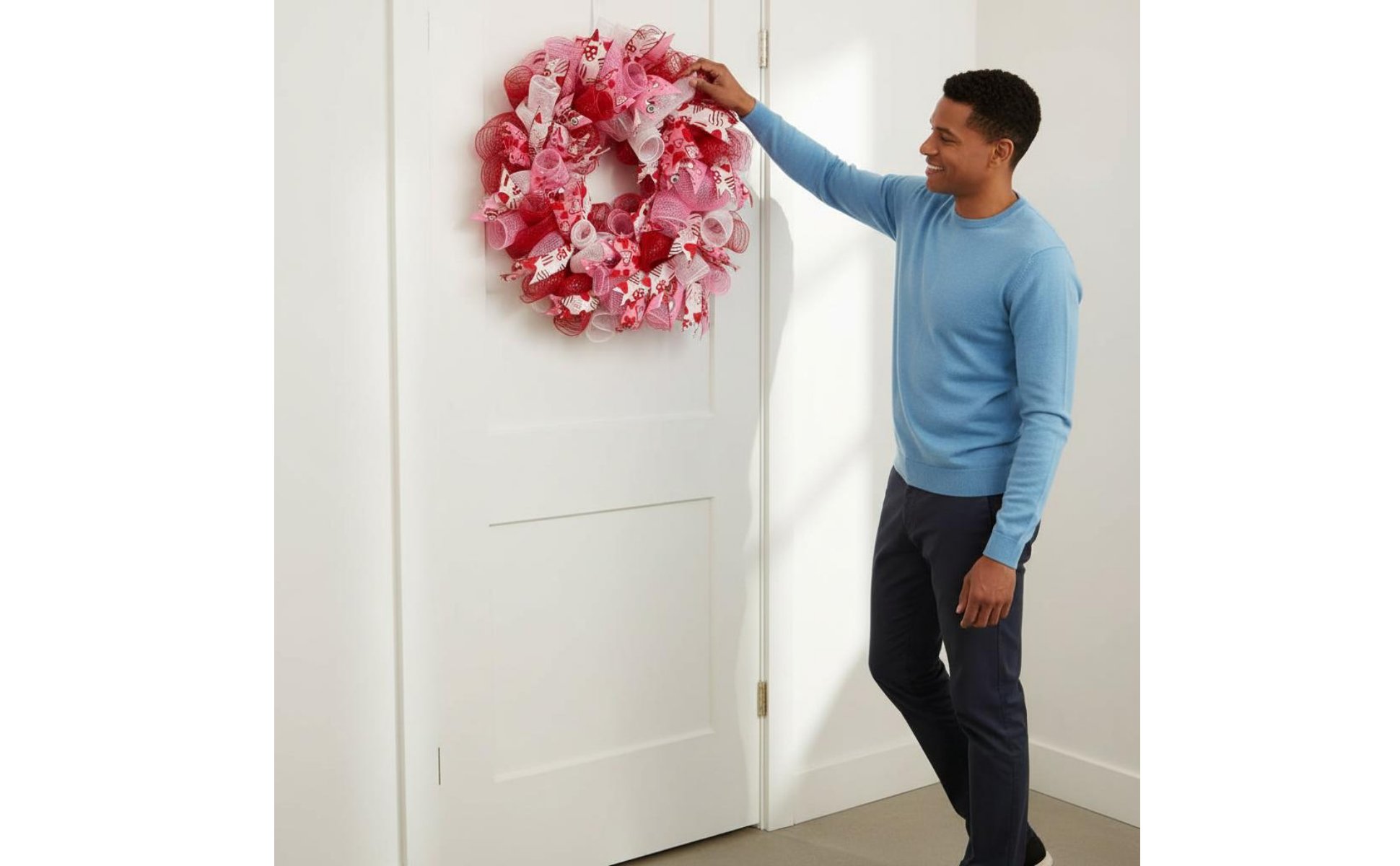 Valentine Wreath Shape-Holding Pink Ribbon Wreath Glittery for Door, Window